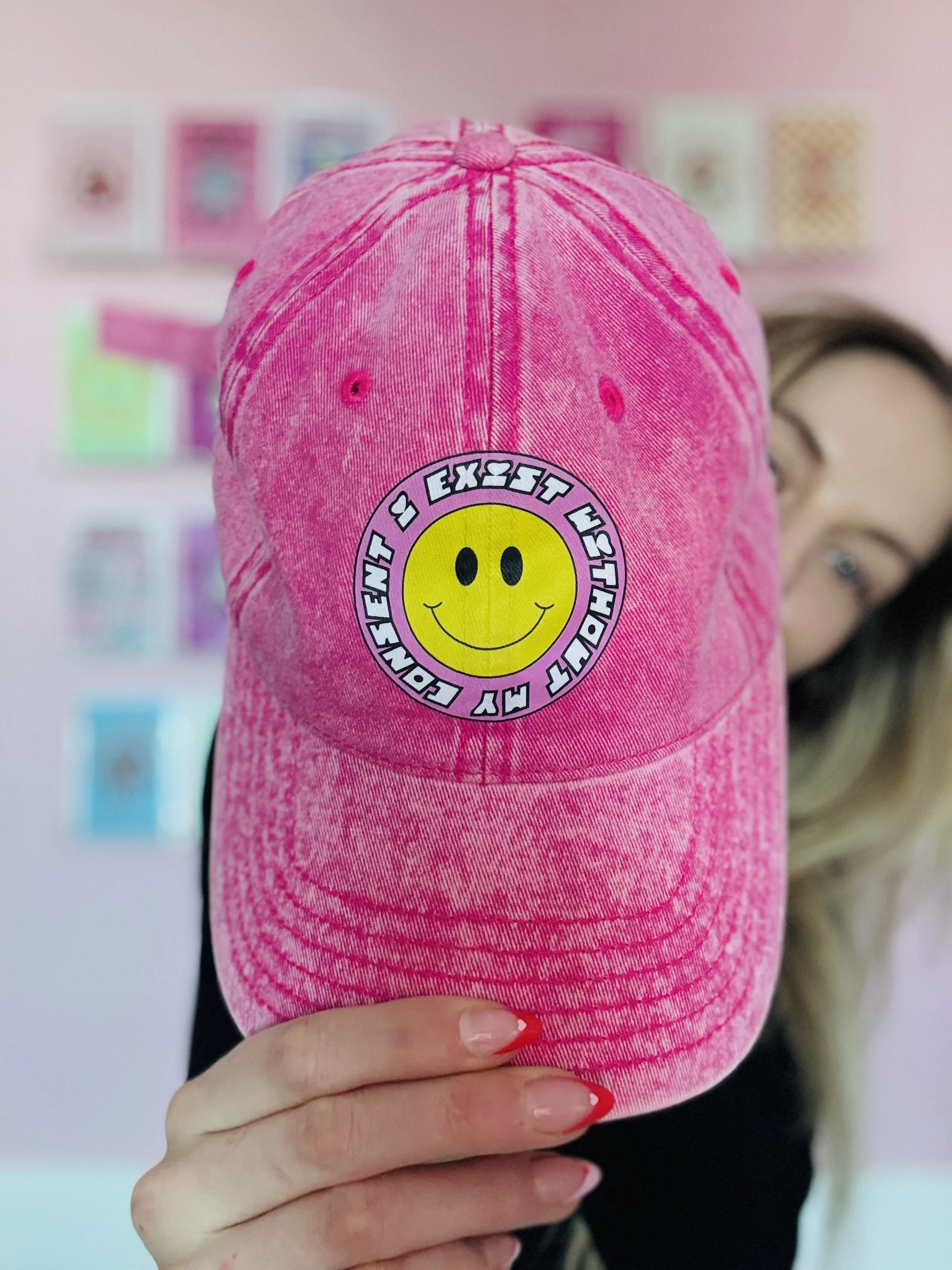 I Exist Without My Consent™ Vintage Dad Hat – Pink Acid-Wash Cotton Twill Cap with Smiley Patch, Adjustable Strap 🧢