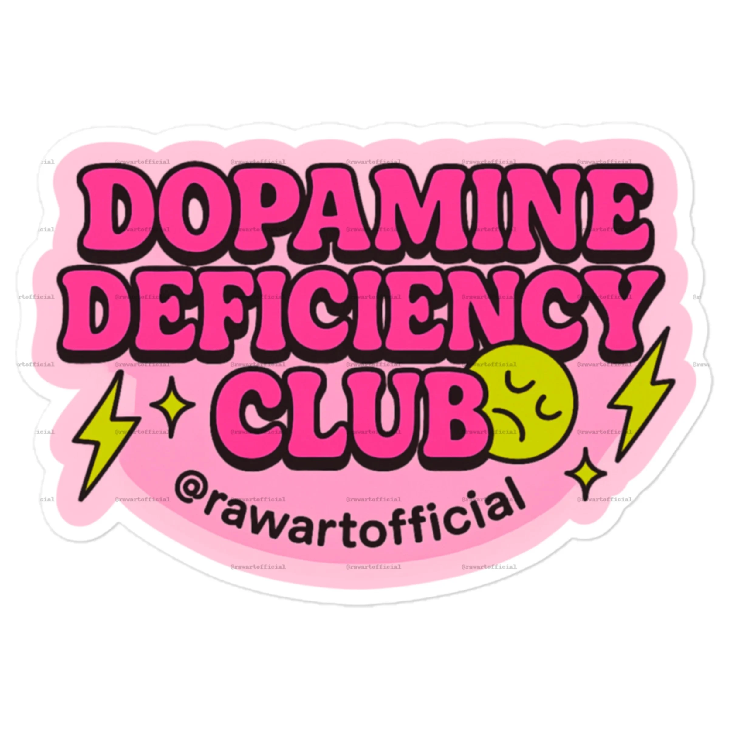 Pink Dopamine Deficiency Club sticker with lightning bolts and retro Y2K font