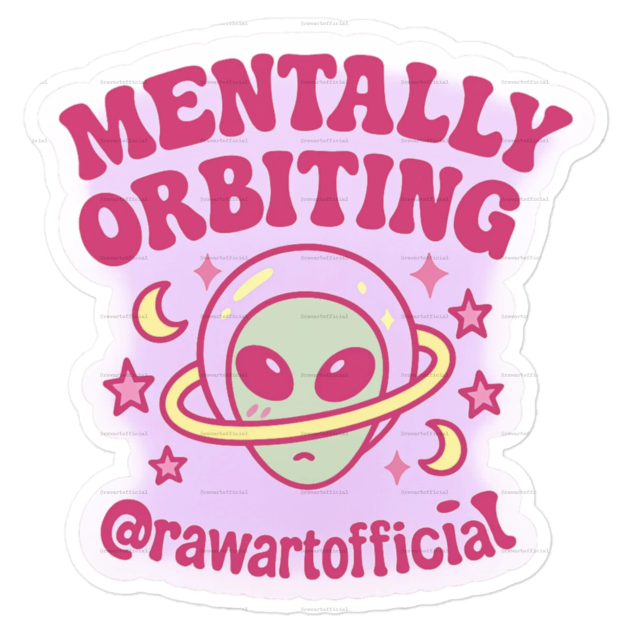 Pink alien Mentally Orbiting vinyl sticker with stars and moons