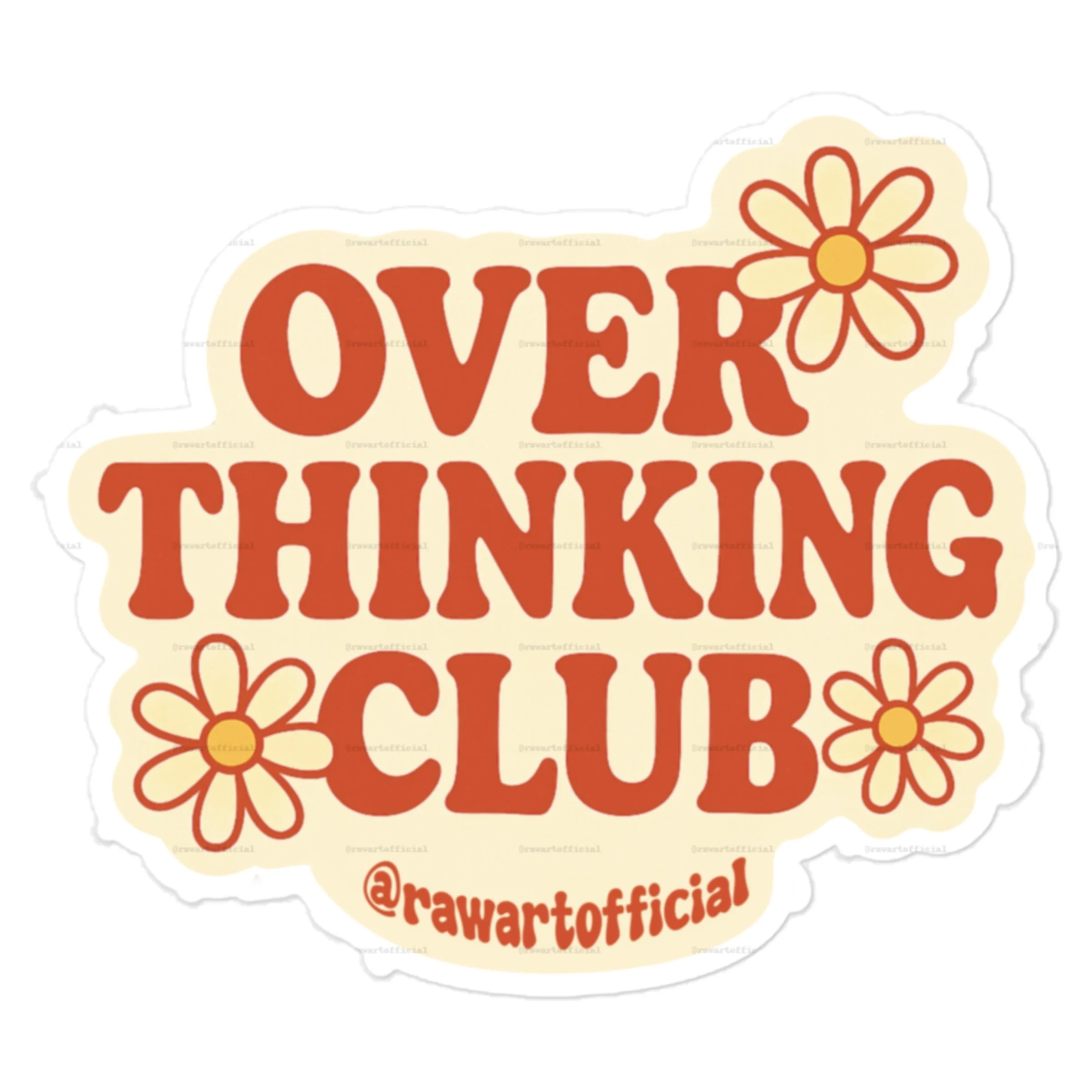 Retro orange Overthinking Club sticker with daisy design and cream background