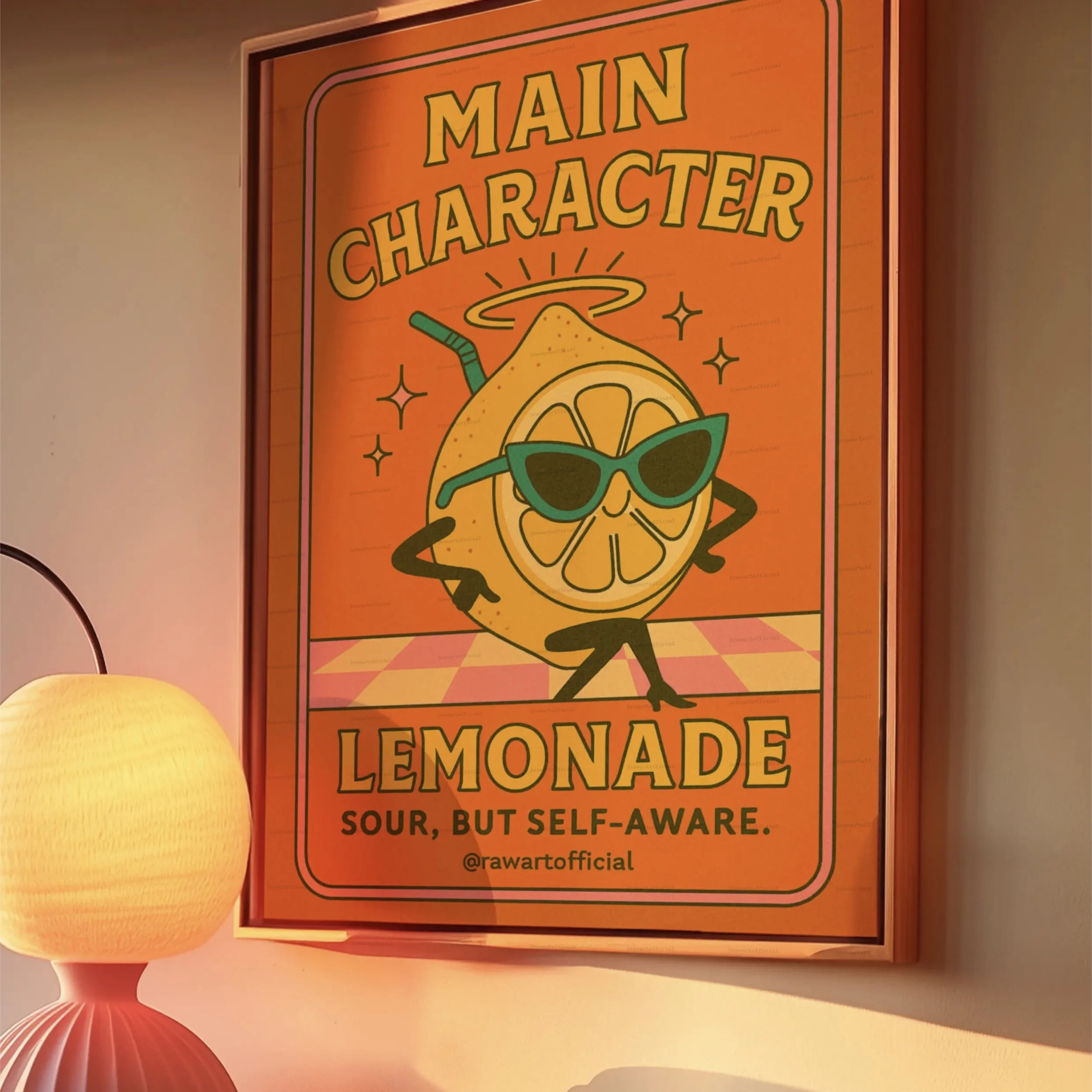 Retro orange lemonade poster with sunglasses lemon reading “Main Character Lemonade.”