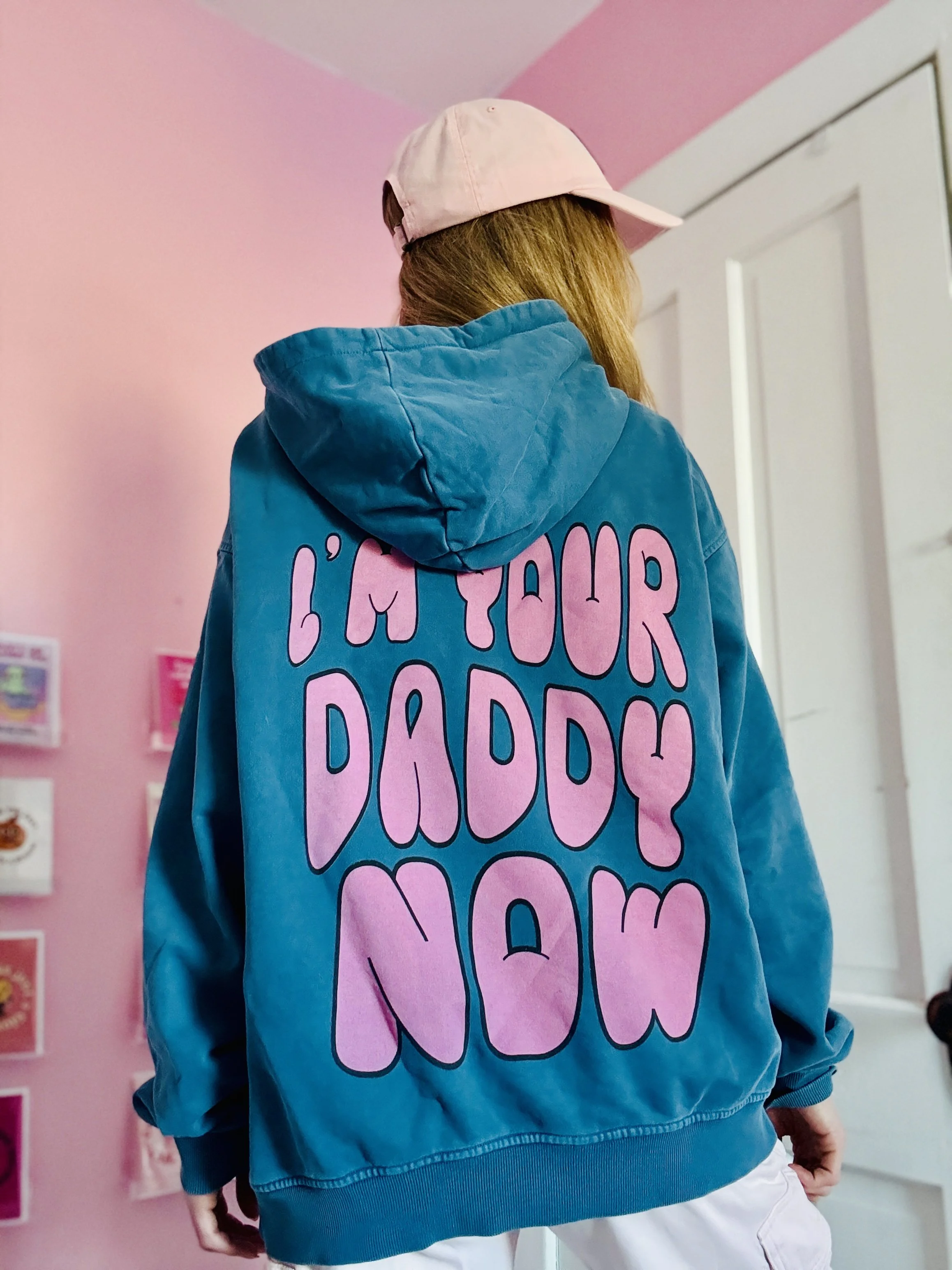 I’m Your Daddy Now™ Oversized Blue Retro Hoodie | Heavyweight 440 g Fleece | Pink Bubble Letter Back Print