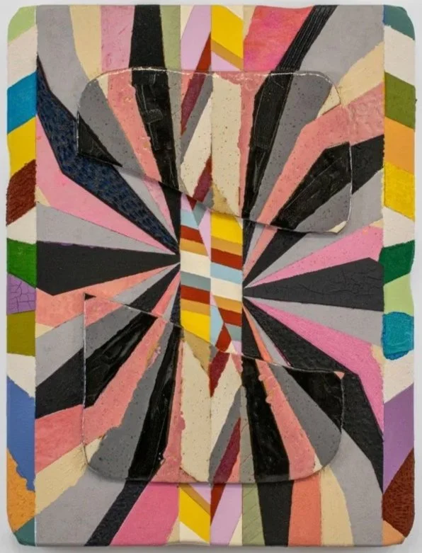 Kevin Umãna "Sundial Tracking the Daze Process of the Sky" 2025, acrylic, oil, flock, ink, sand, marble dust, salt, resin, ceramics on canvas, 24" x 18" x 2 3/4"
