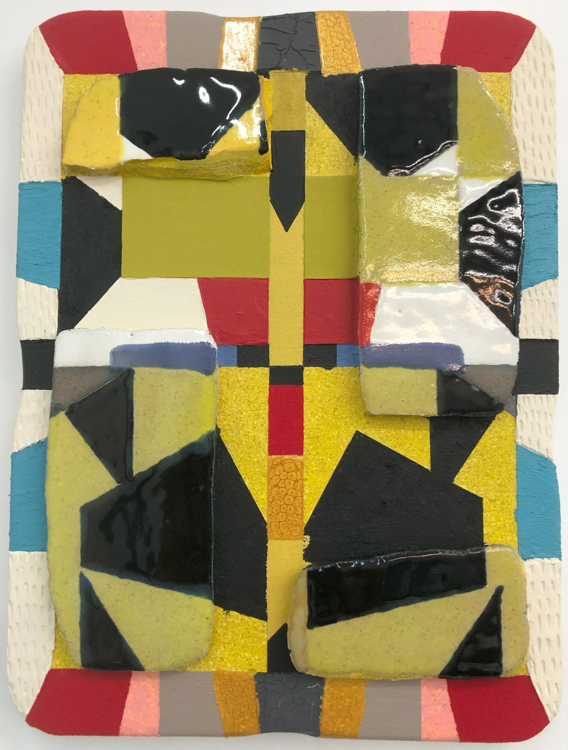 Kevin Umaña "Gold Forms Don’t Shade the Obvious" 2025, acrylic, oil, flock, ink, sand, marble dust, salt, resin, ceramics on canvas, 16" x 12" x 2 3/4" 
