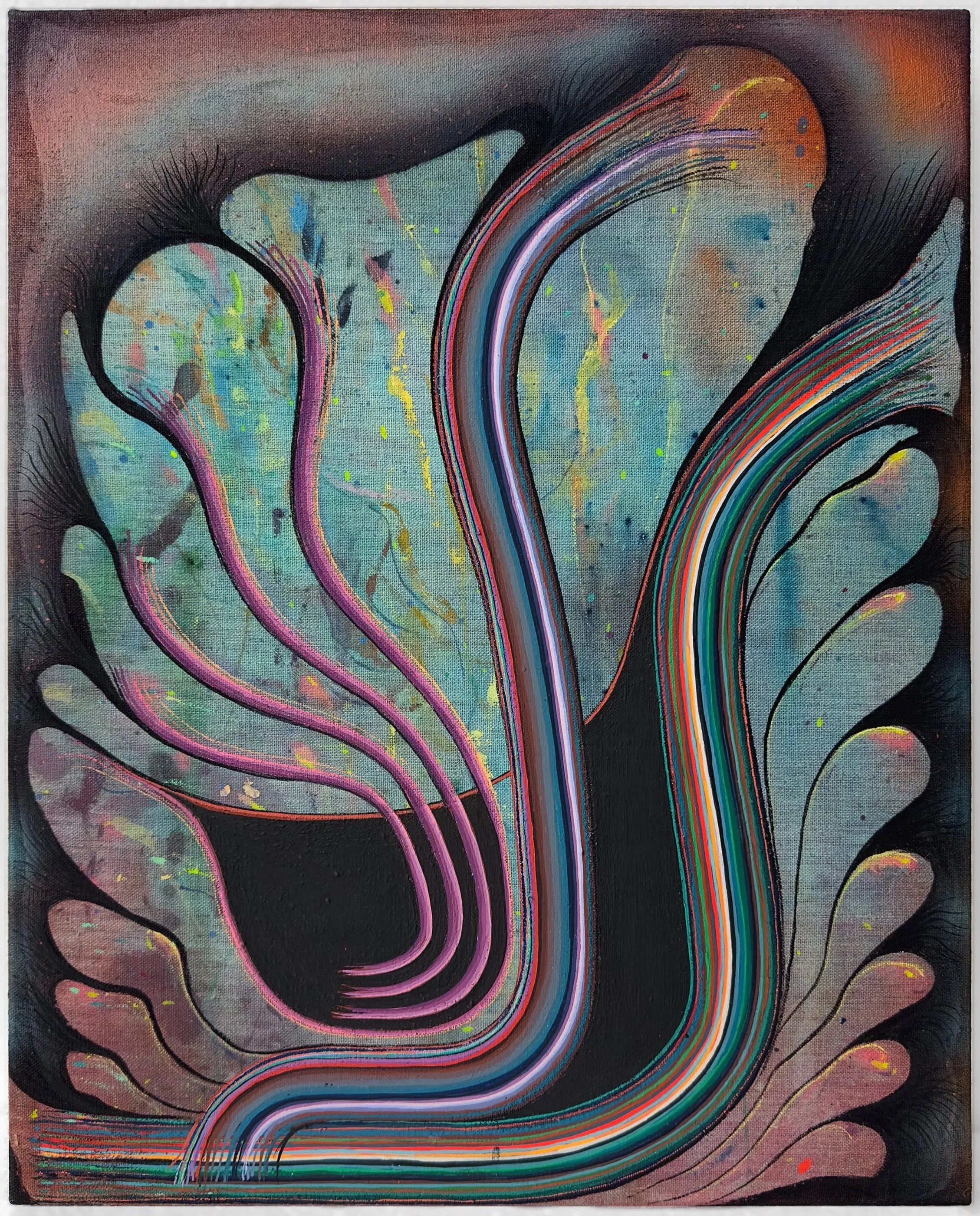 Dani Tull "First flower (night bloom)" 2025, flash on linen, 20" x 16"