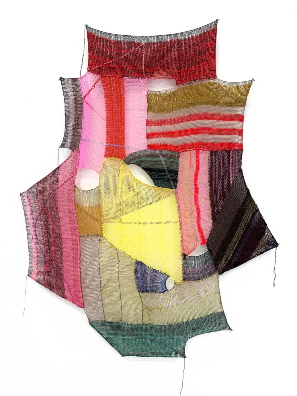 Melissa Dadourian "Tall Stranger" 2023, hand-machine knitted thread, acrylic paint, T-pins, 50" x 36" x 2"