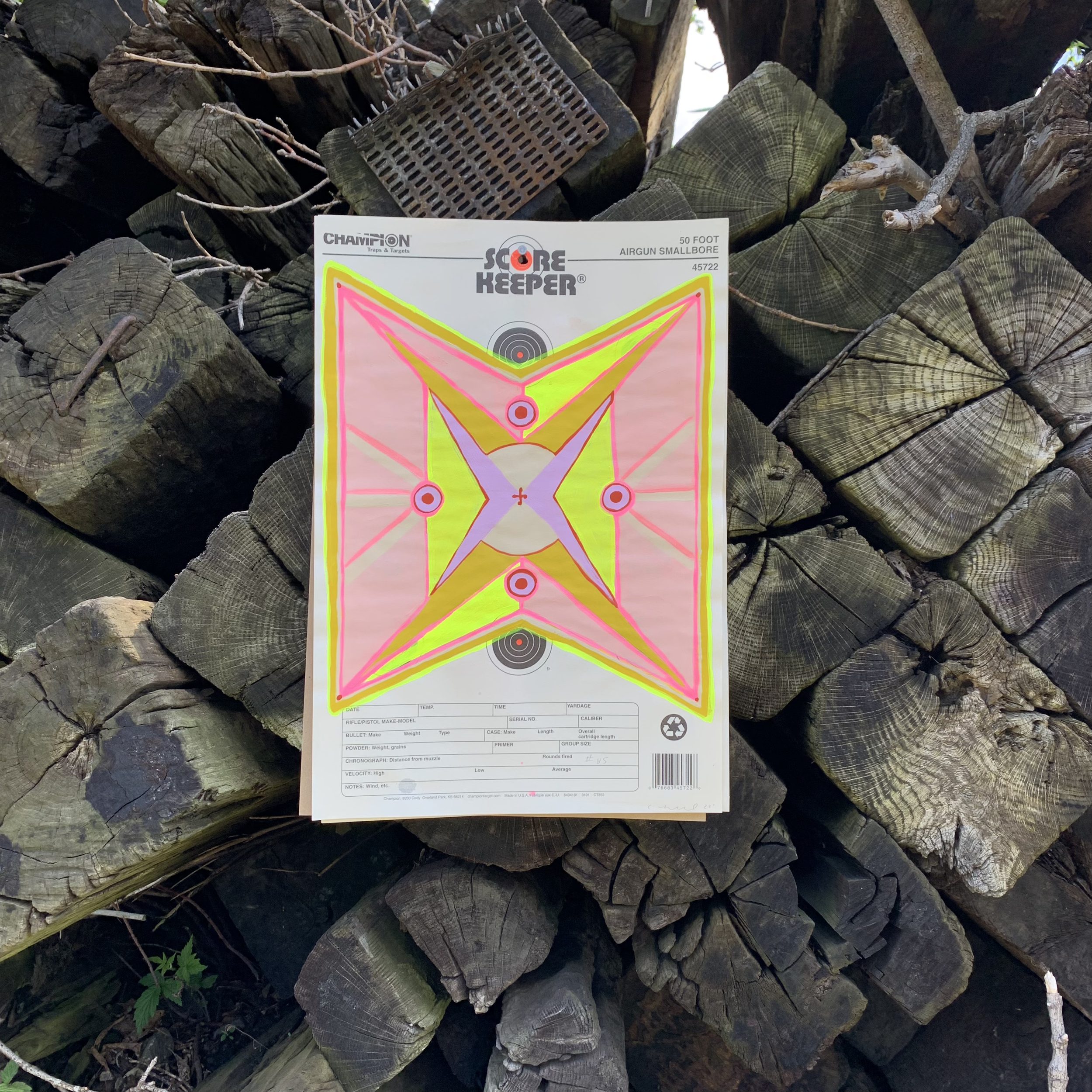 Crystalle Lacouture "MAMA Drawing 85" 2022, gouache and colored pencil on Score Keeper shooting target, 16" x 11" in North Adams, MA