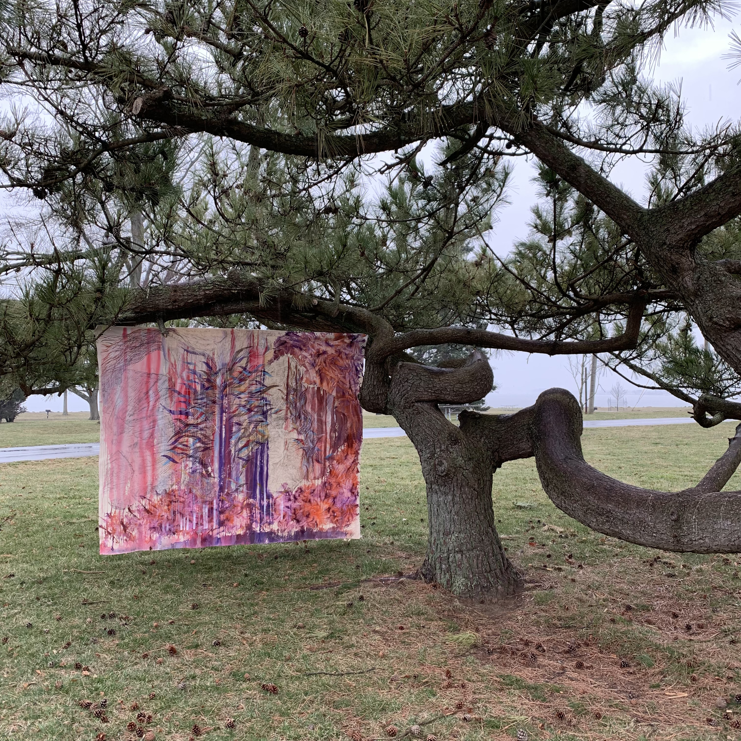 Alyse Rosner "The World I Knew" 2022, graphite and acrylic on raw canvas, 88" x 99" at Sherwood Island State Park, Westport, CT