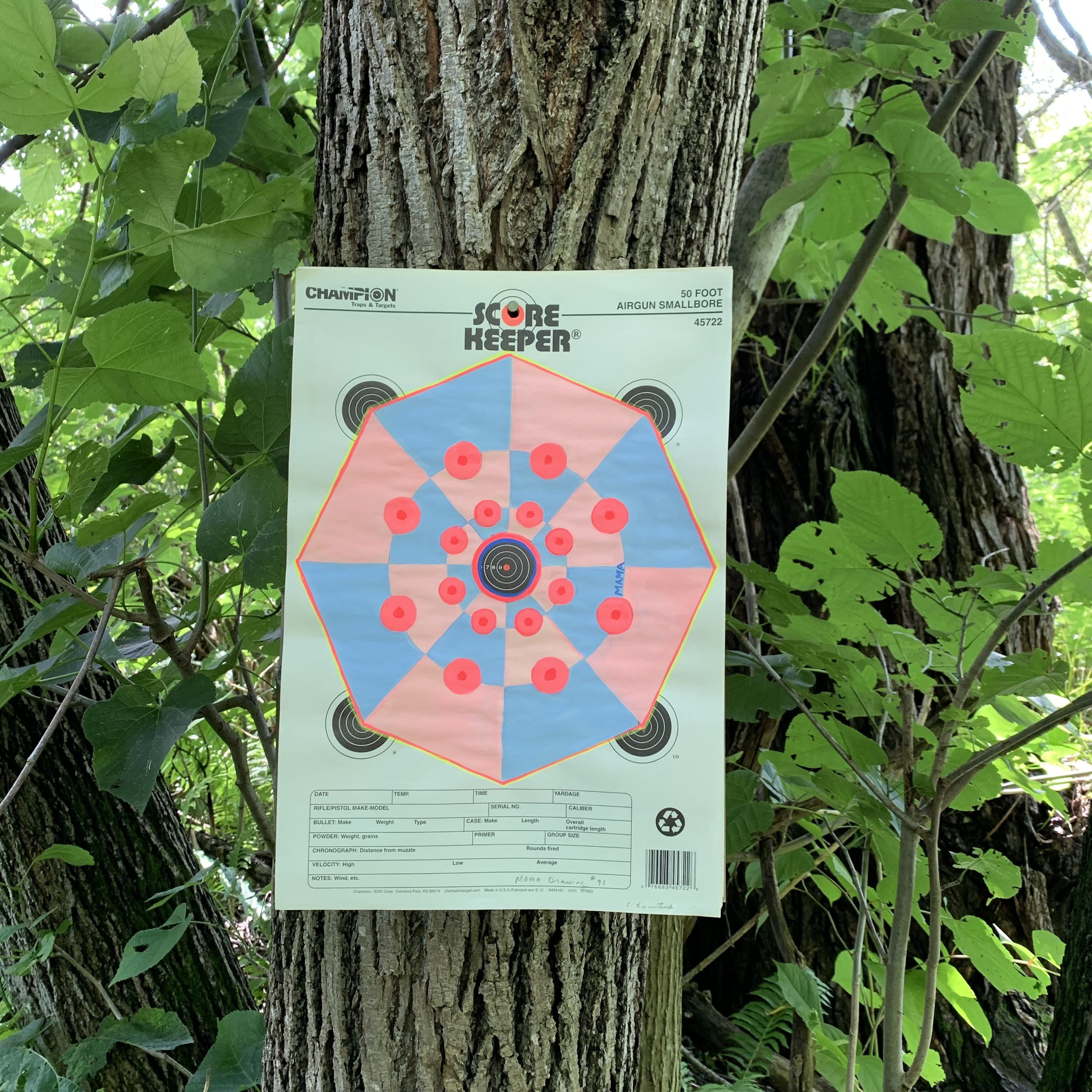 Crystalle Lacouture "MAMA Drawing 91" 2022, gouache and colored pencil on Score Keeper shooting target, 16" x 11" in North Adams, MA