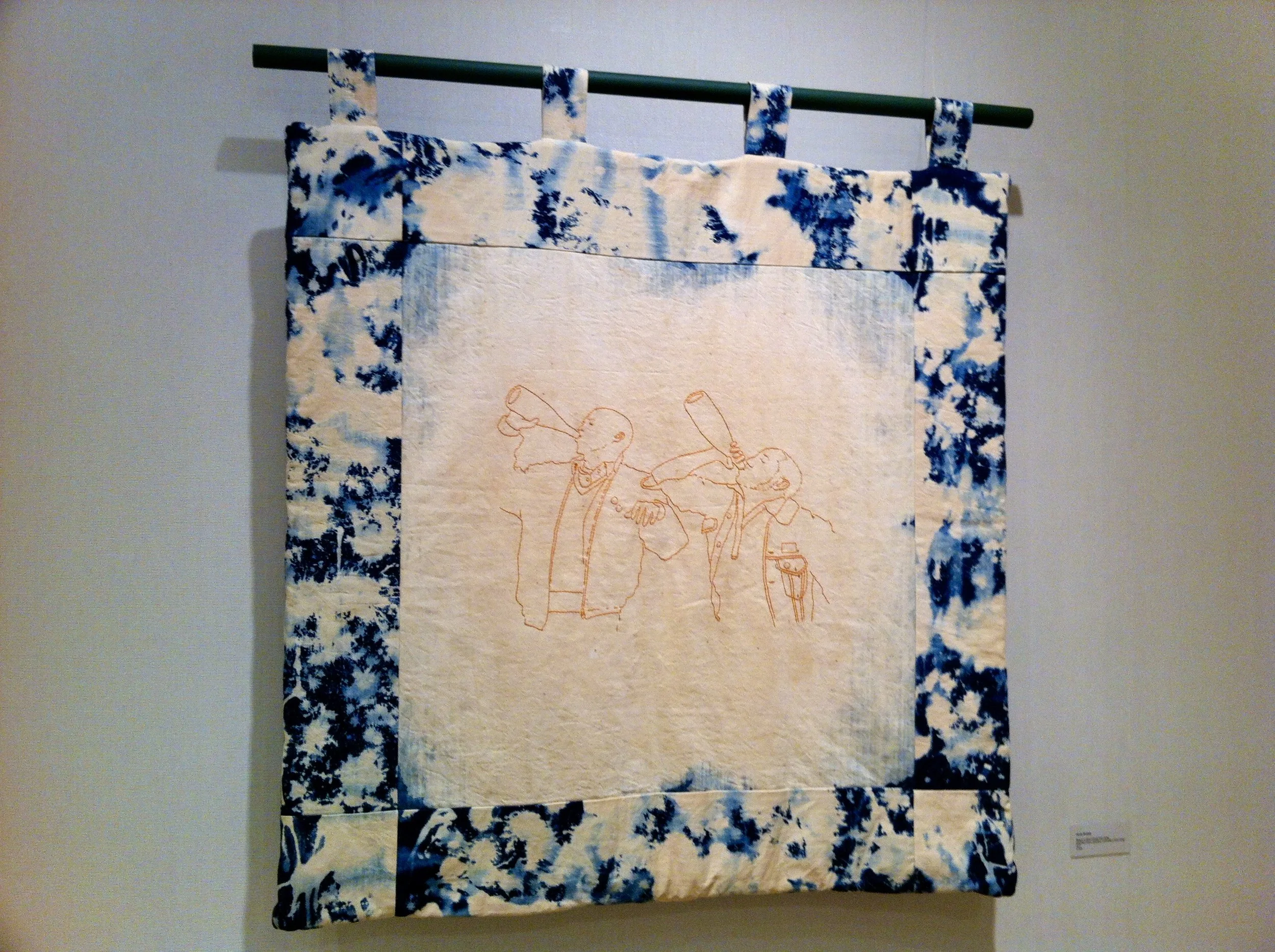 Jacob Rhodes "Bleach N Wine (Candy Skin Quilt)" 2011 bleached denim, gingham, embroidery floss, badge, 60" x 60"
