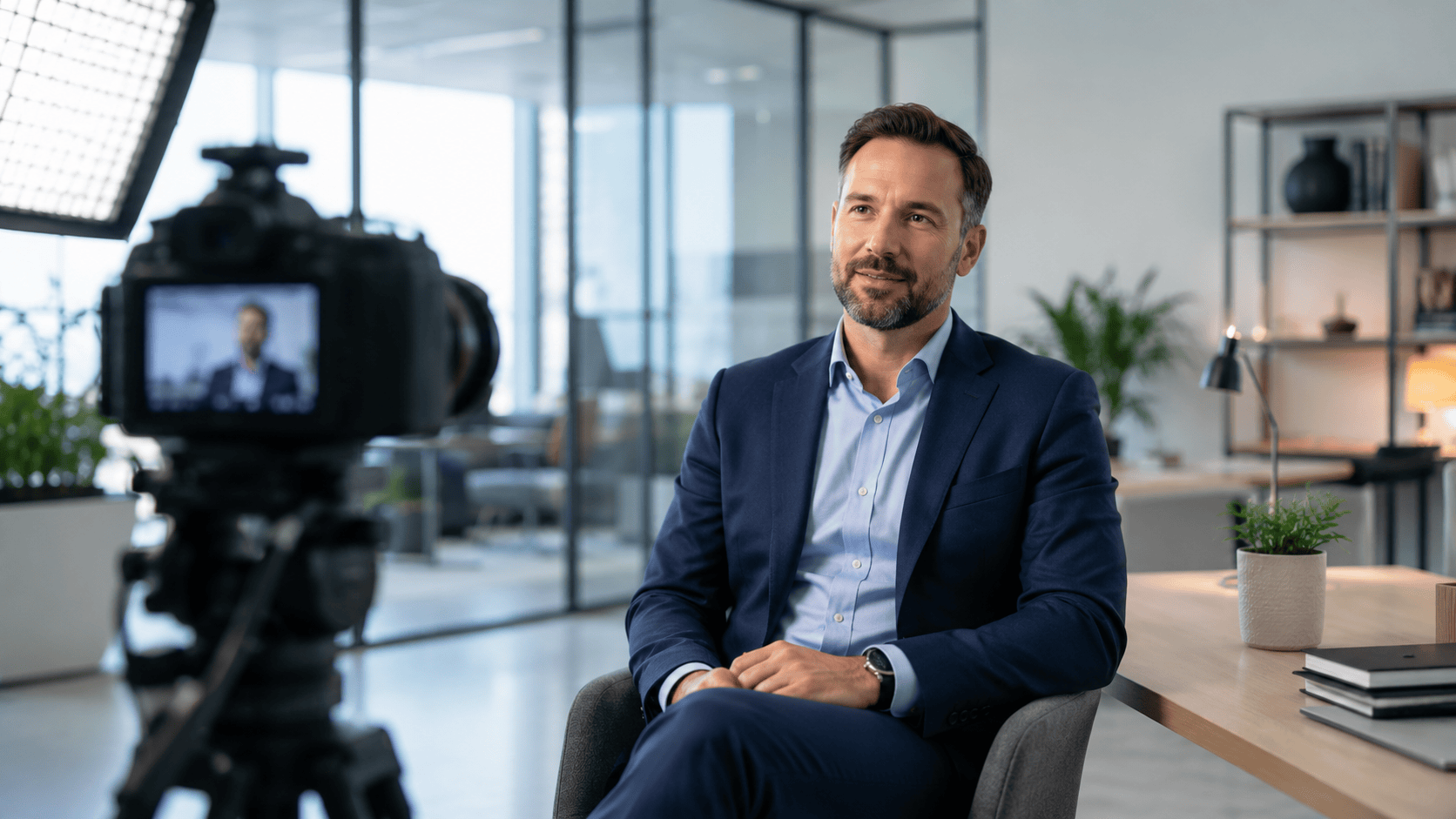 Professional corporate interview being filmed in a modern office for a business video production shoot