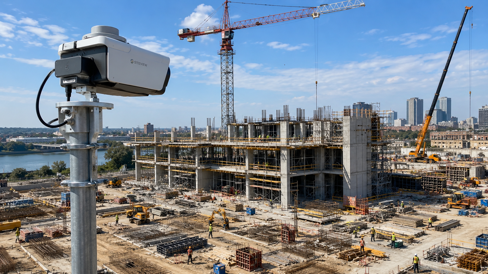 Construction site camera overlooking a building project for progress monitoring and stakeholder updates