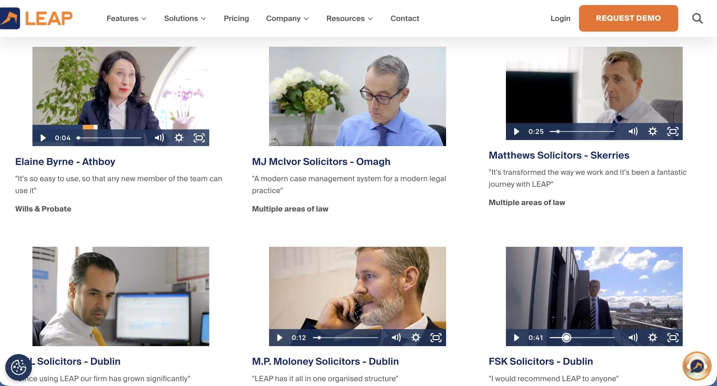 LEAP Legal Software using an Irish customer testimonial video on its website