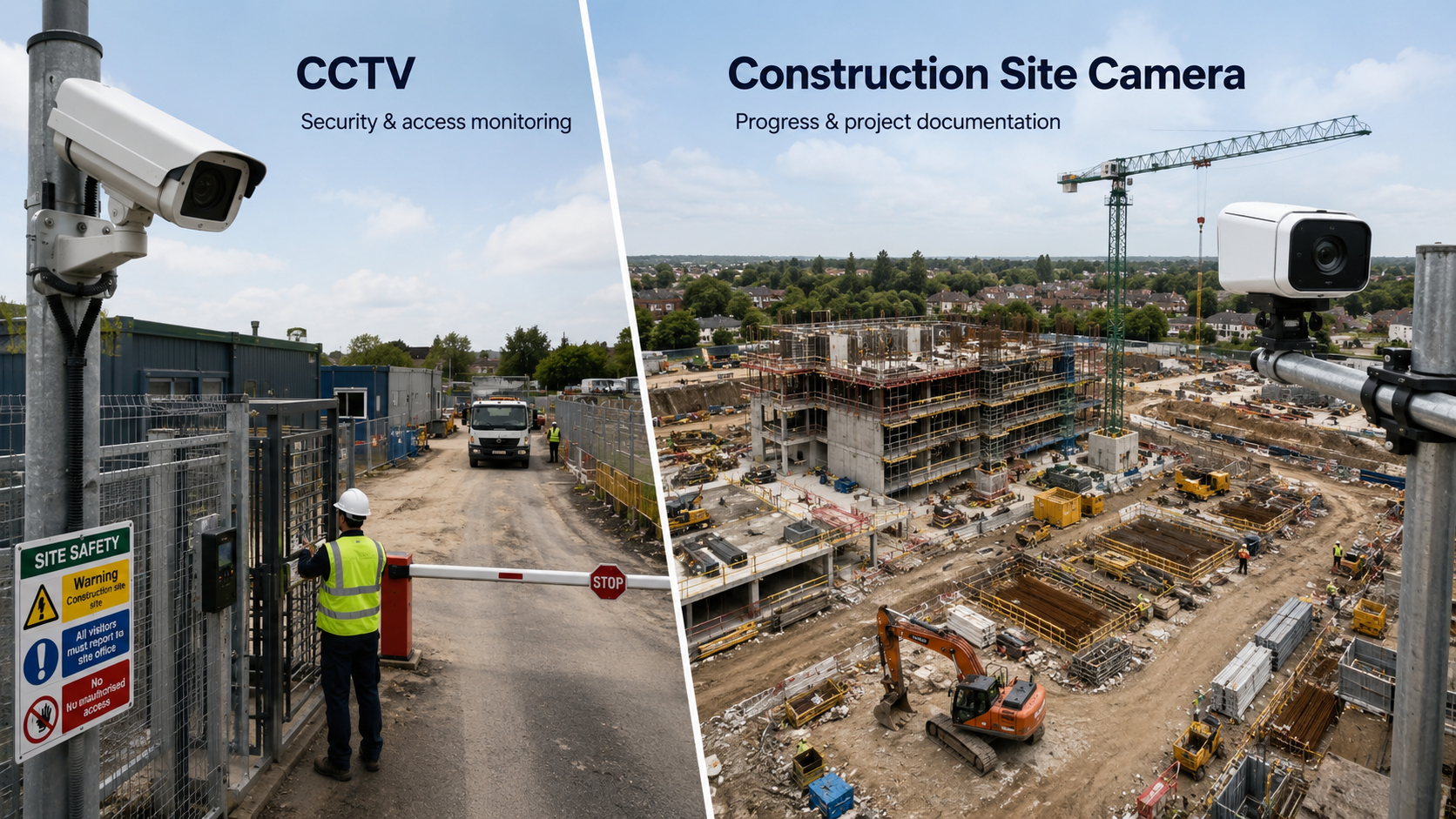 Split-screen comparison of CCTV monitoring a construction site entrance and a construction site camera documenting progress across a live building site.