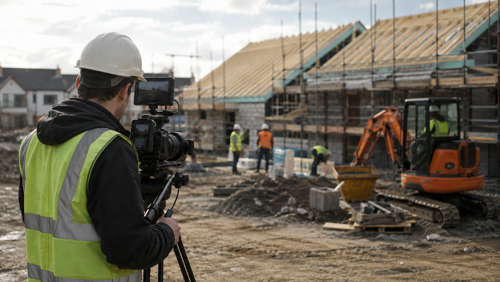 Videographer filming an active construction site with workers, scaffolding and machinery in the background.