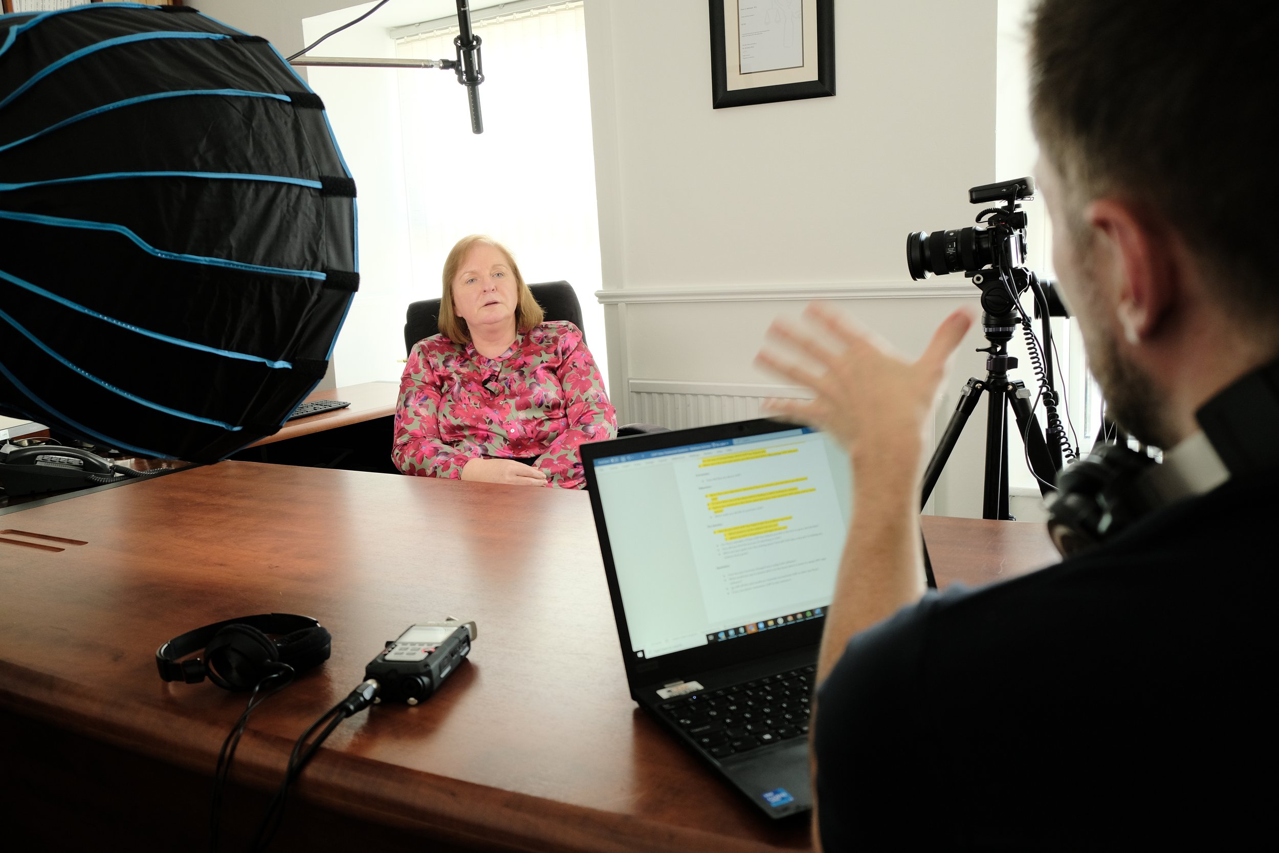 Behind-the-scenes setup for a LEAP Legal Software customer testimonial video