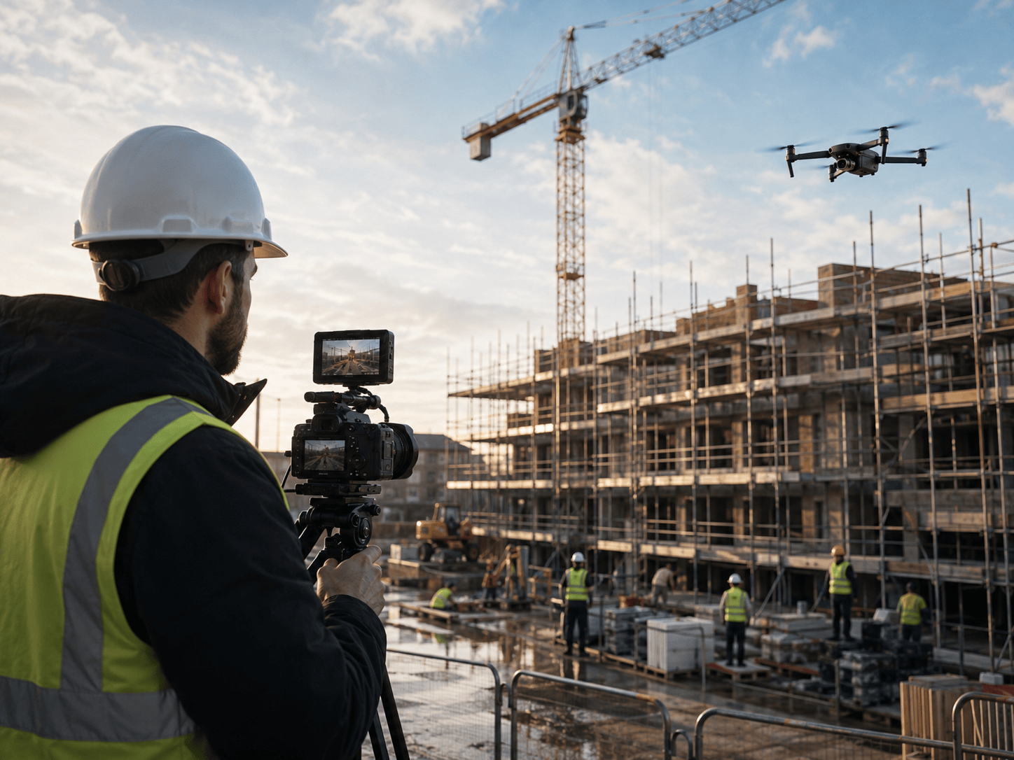 Construction site filming in progress, showing a videographer documenting building works for project progress and marketing content.