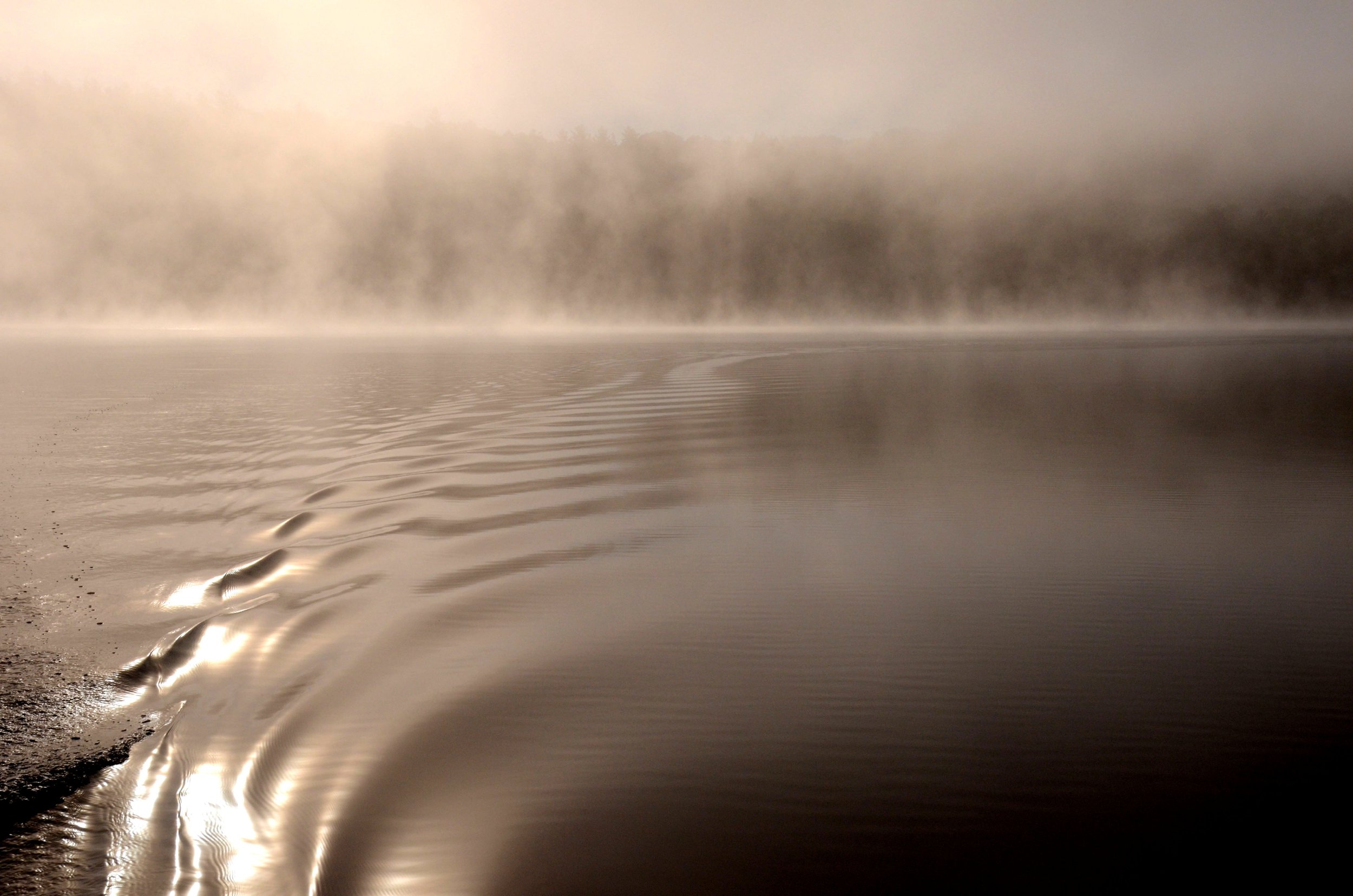 A foggy lake with steam rising from the water, surrounded by trees in the background.