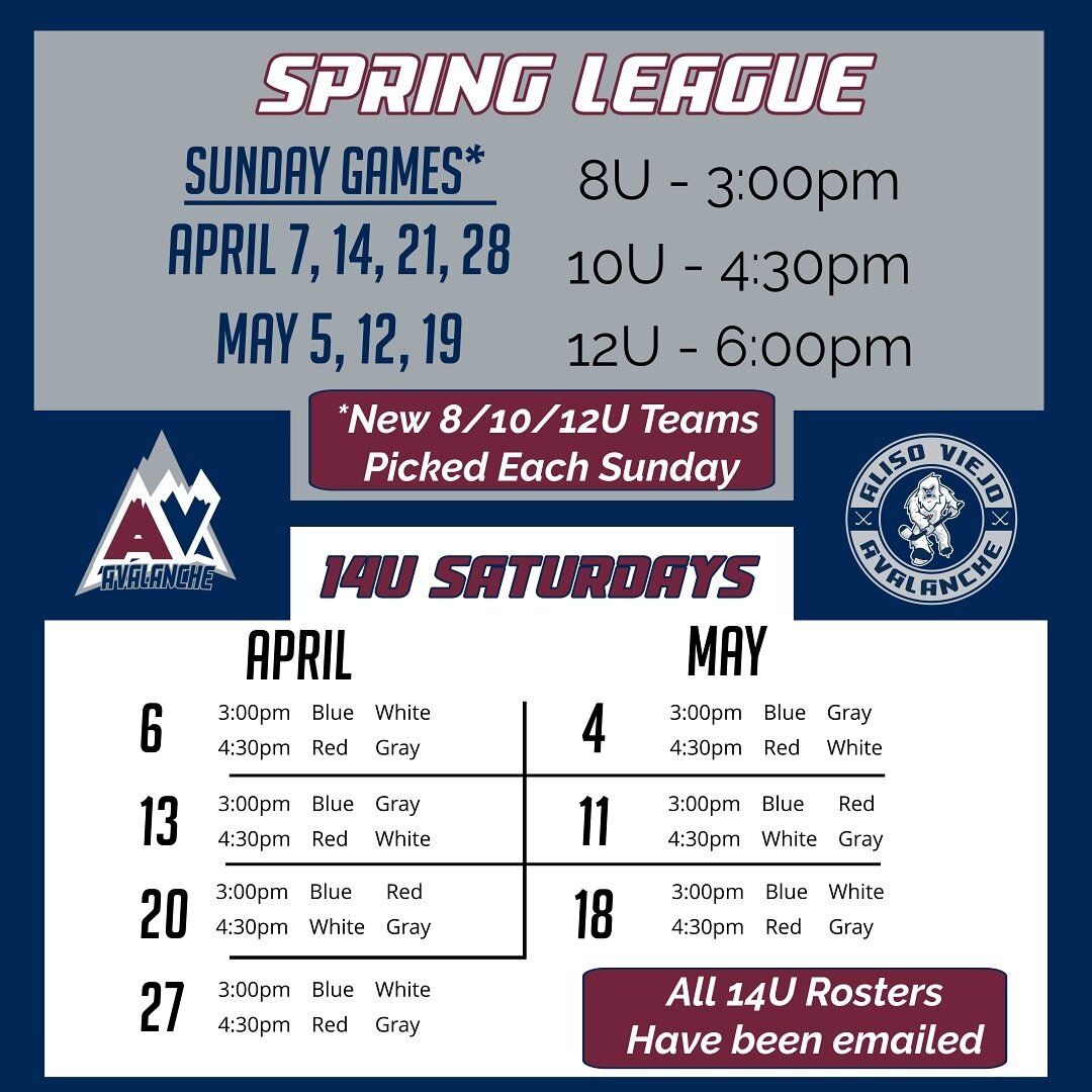 We&rsquo;re ready for Spring League to start!! 

For 8U, 10U and 12U divisions, we will be shuffling the teams every Sunday. This will give players a chance to compete with and against everyone in their age group.

Our 14U teams will play every Satur