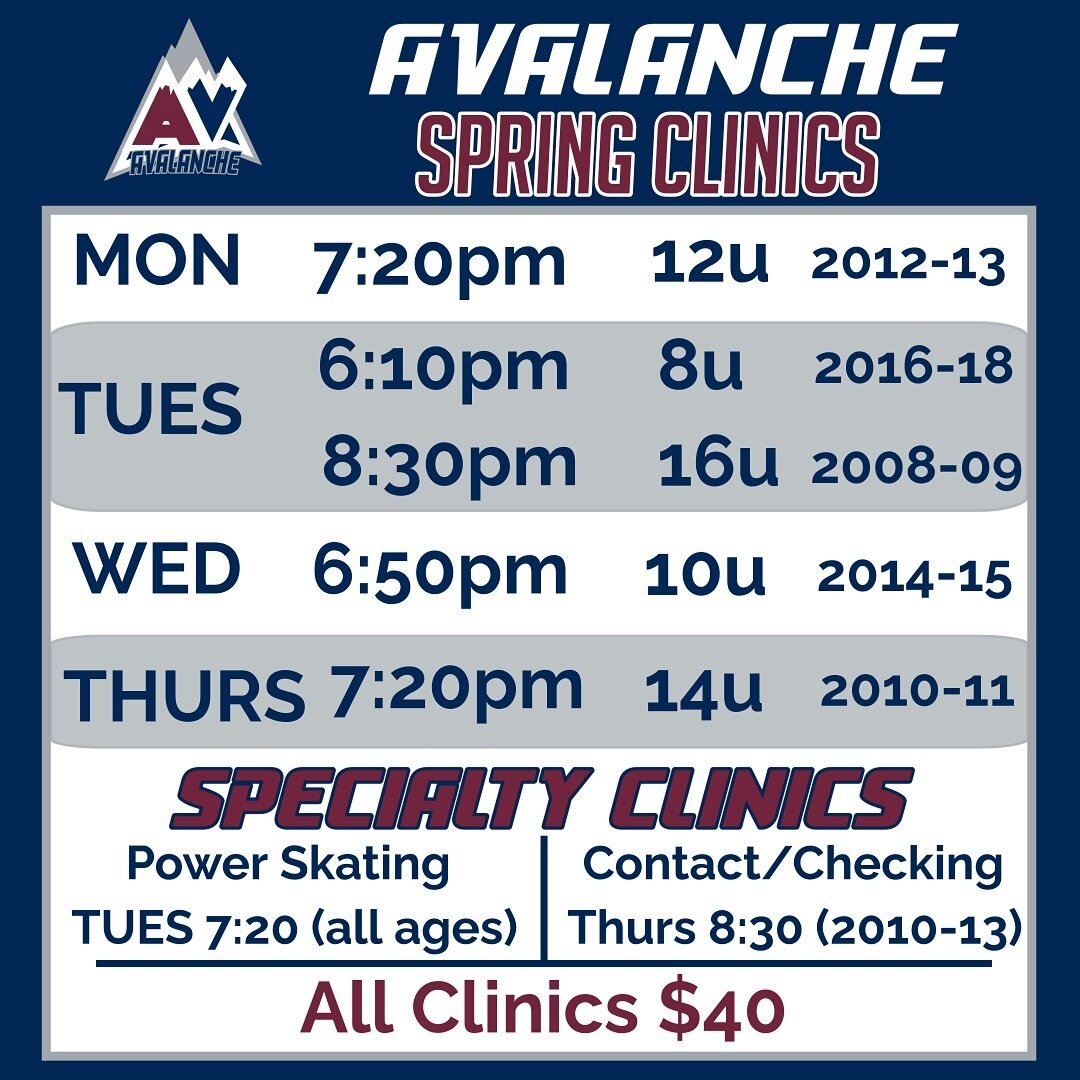 Here is our full Spring Clinic schedule! 

8U + 10U have already started. 
8U - Tuesdays 6:10pm
10U - Wednesdays 6:50pm

Start dates for the remaining age groups:
12U - starts 3/25 
14U - starts 4/4 
16U - starts 3/26 

Specialty Clinic start dates: 