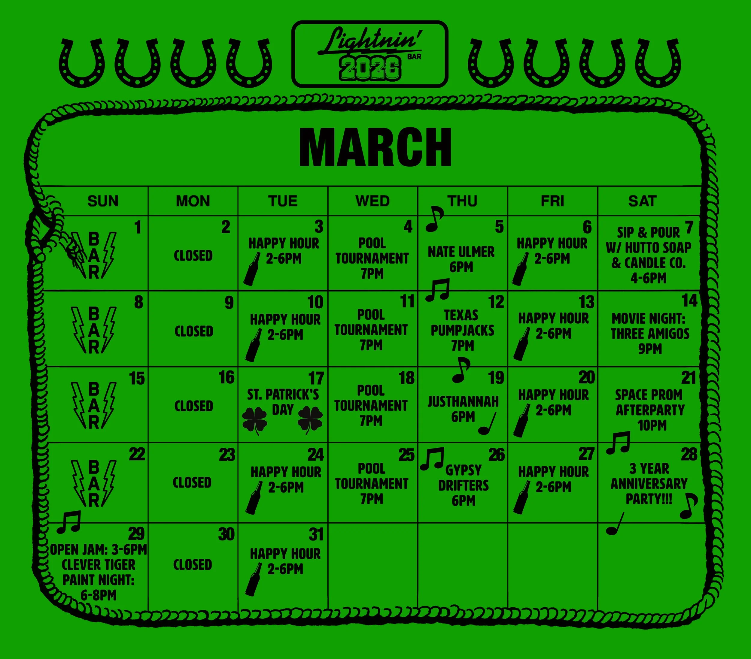 March calendar for Lightnin' Bar, featuring events such as happy hour, pool tournaments, and themed nights, with some days marked as closed and others with special activities and celebrations.