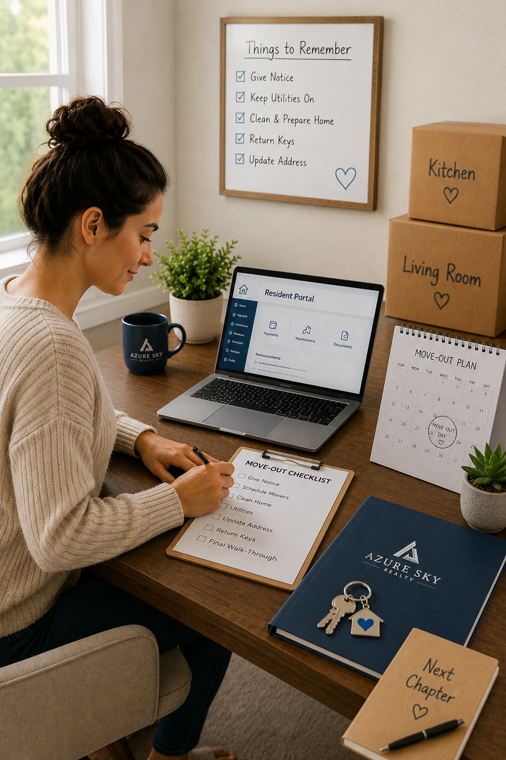 Resident reviewing a move-out checklist and planning relocation tasks before vacating an Azure Sky Realty rental home.