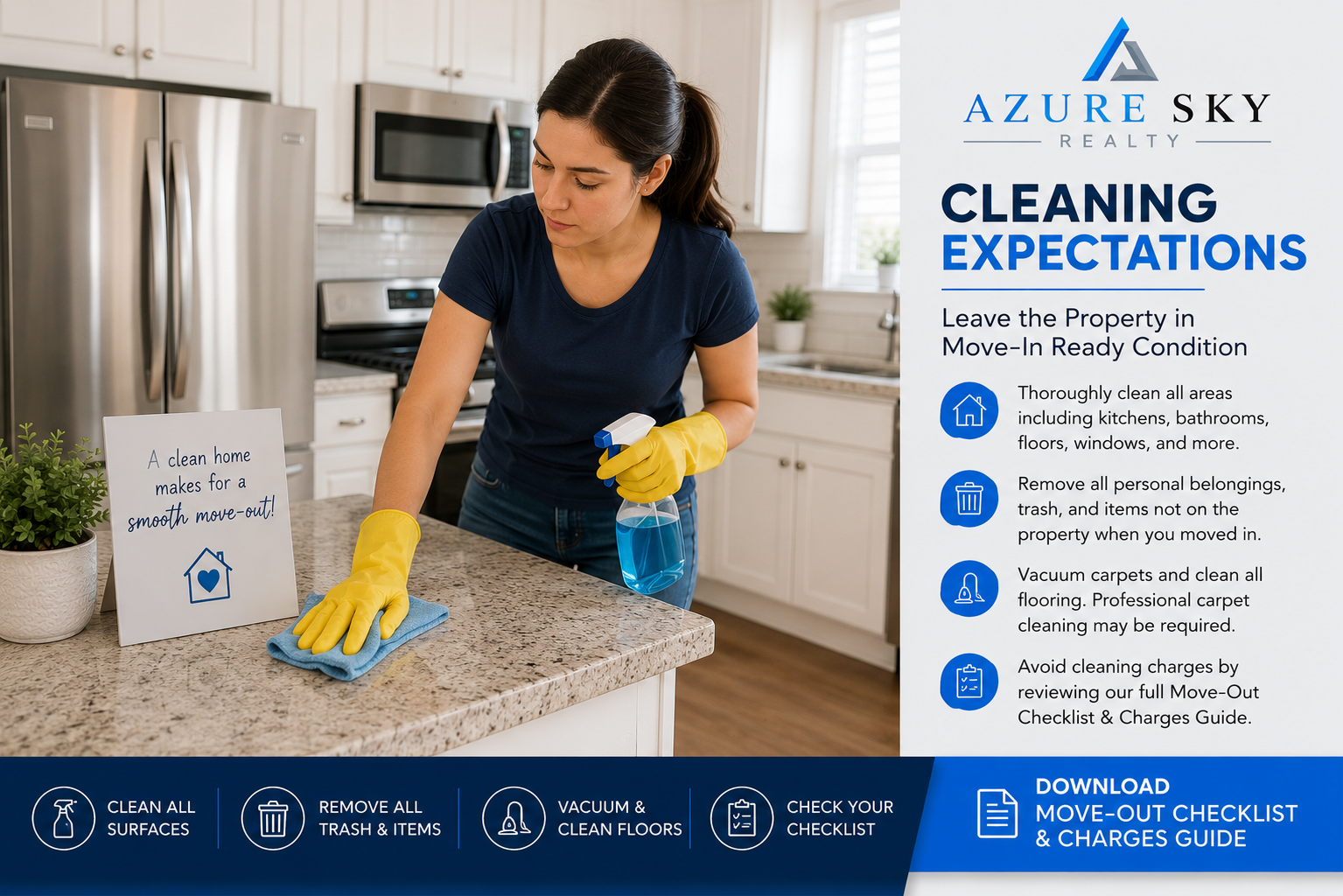 Resident cleaning a rental home kitchen before move-out to prepare the property for inspection and turnover.