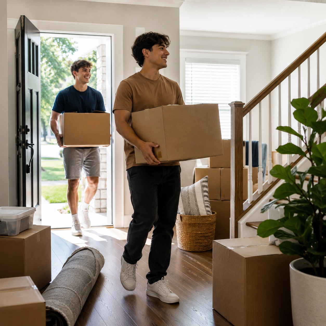 New residents moving boxes into their rental home while learning about resident services, maintenance requests, and online resources.