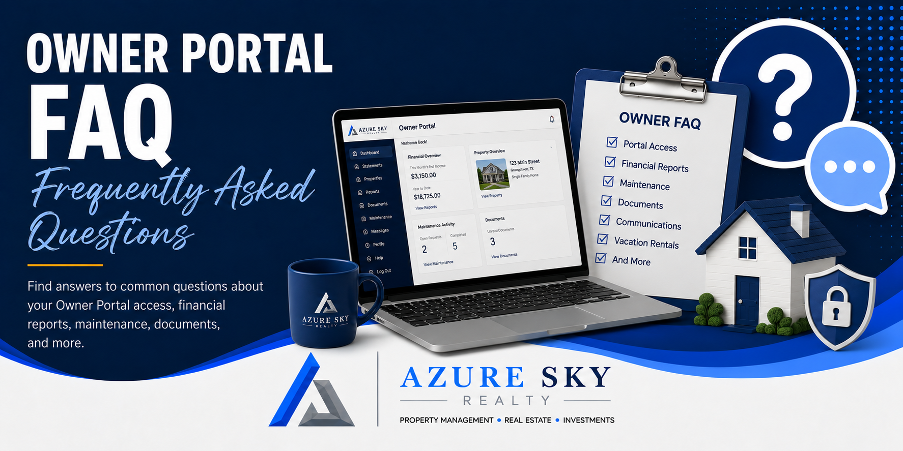 Owner Portal Frequently Asked Questions covering account access, financial reporting, maintenance updates, documents, and property information.
