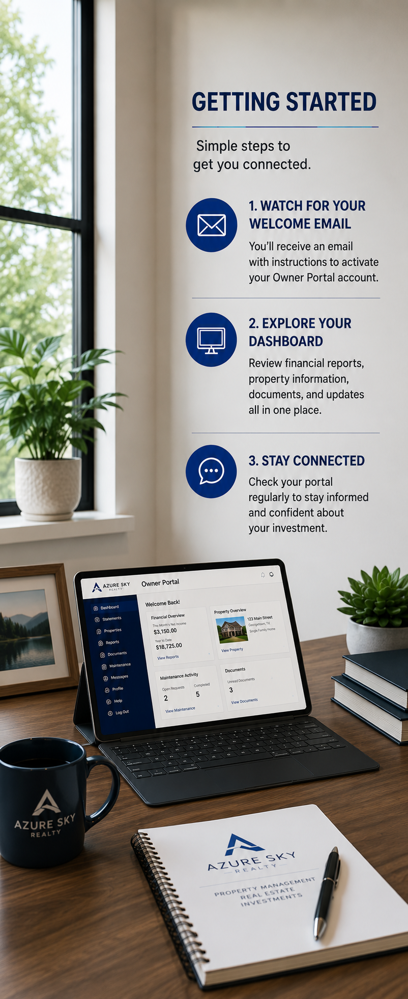 New property owner accessing the Azure Sky Realty Owner Portal and reviewing account setup instructions and property information.