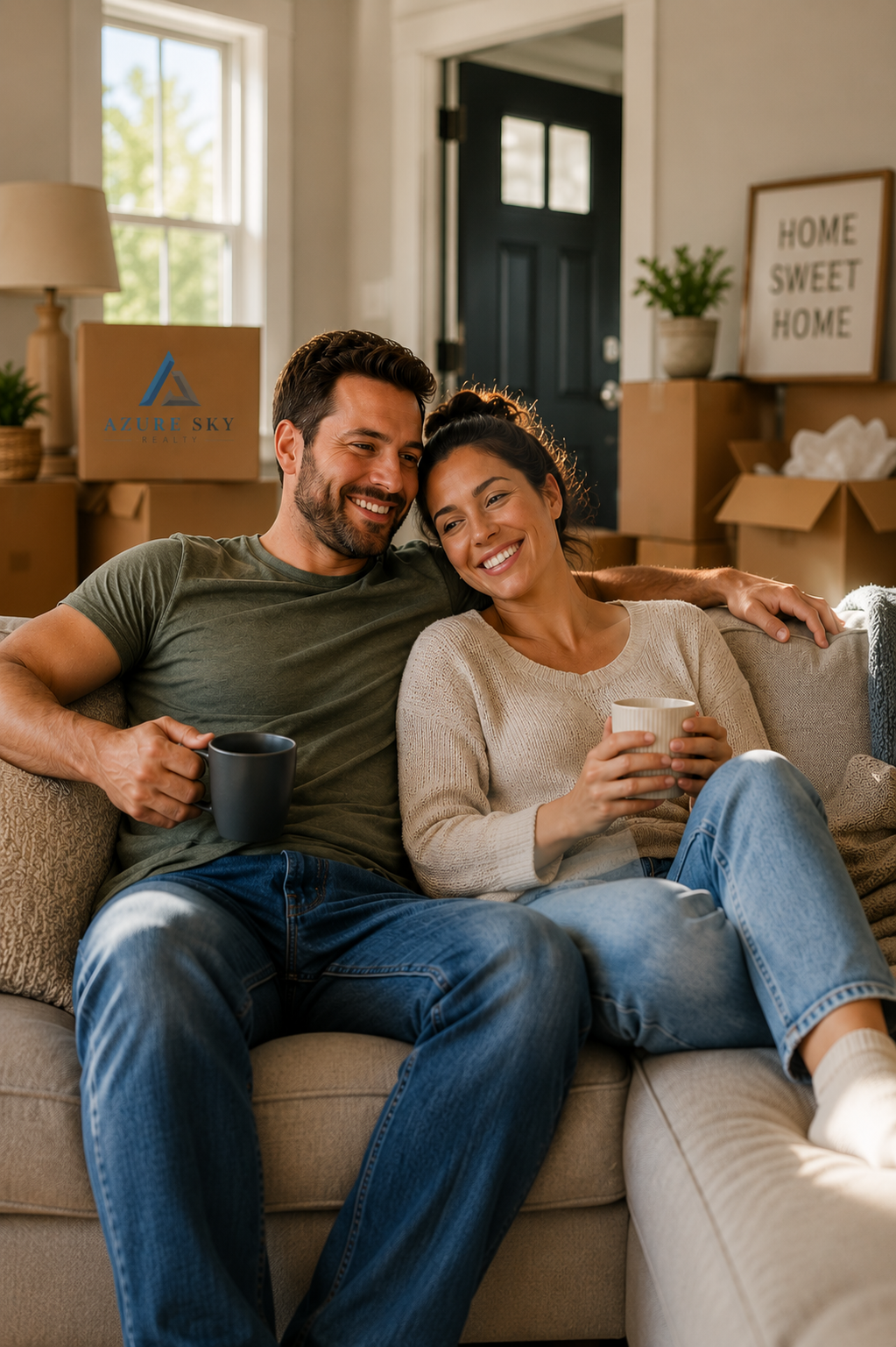 Couple relaxing in their new home after moving day, completing move-in tasks and settling into their rental property.