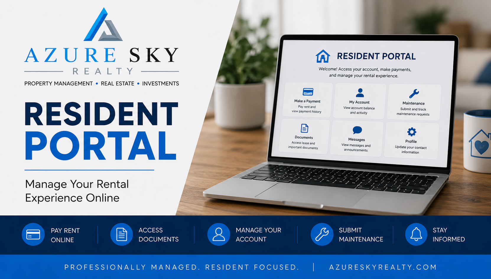Resident using the Azure Sky Realty Resident Portal to manage payments, documents, maintenance requests, and account information online.