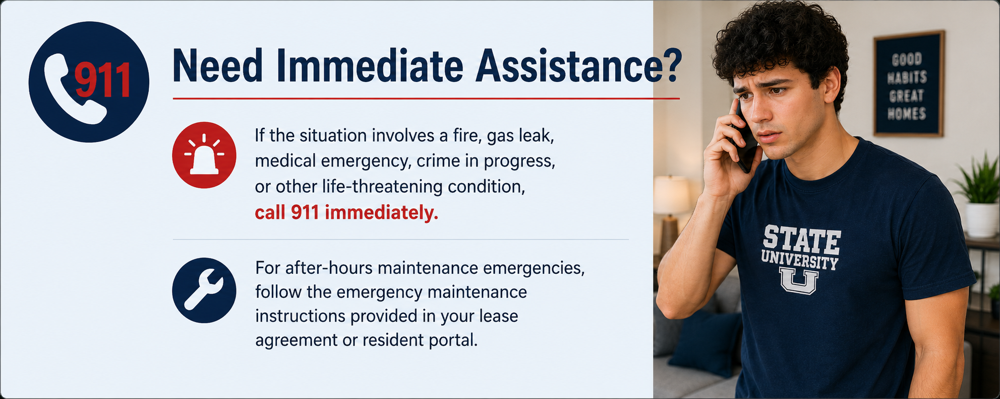 Emergency maintenance banner reminding residents to call 911 for life-threatening emergencies and follow after-hours maintenance procedures for urgent property repairs.