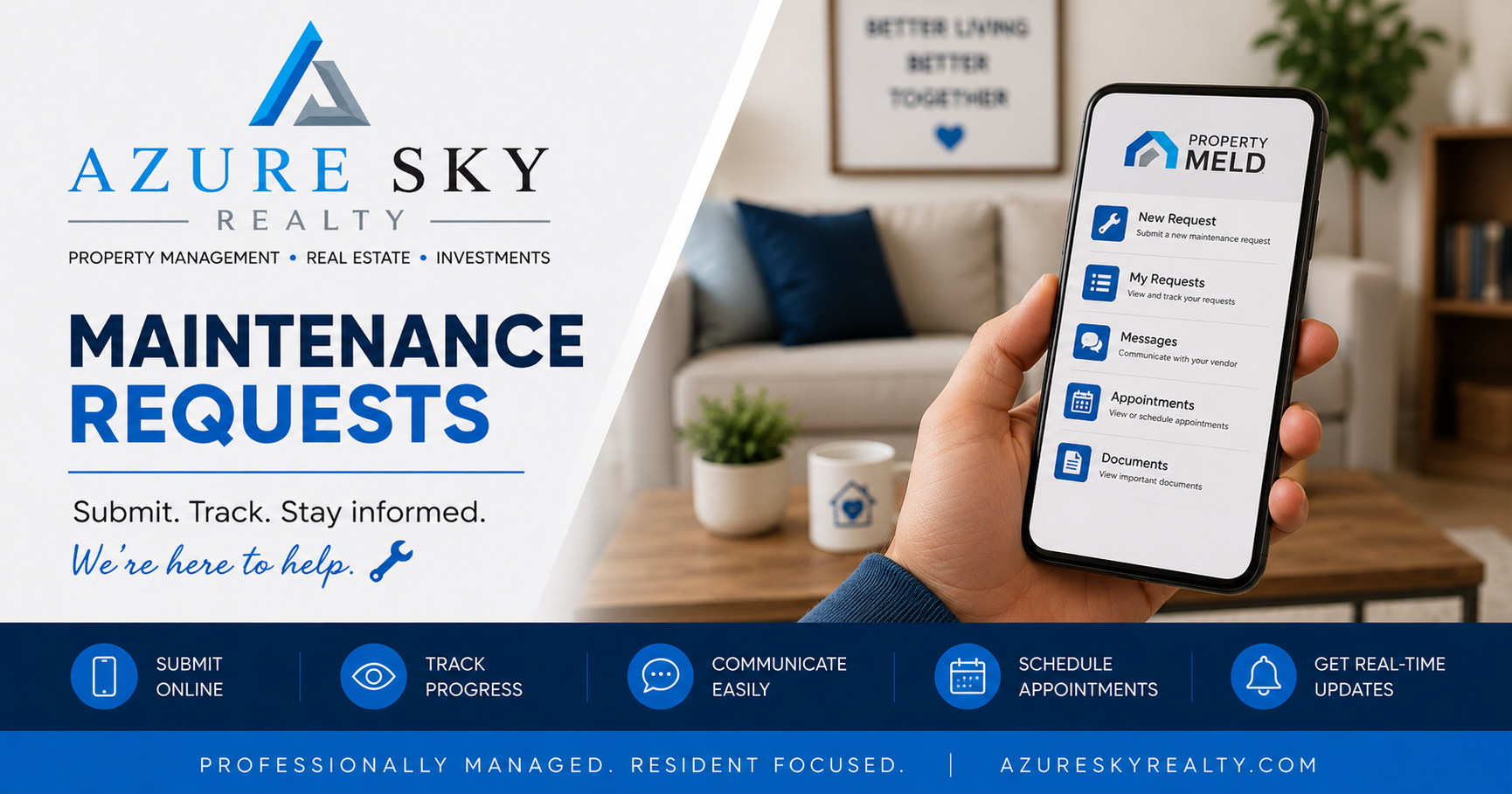 Azure Sky Realty Maintenance Requests page featuring Property Meld, allowing residents to submit maintenance requests, schedule repairs, communicate with vendors, and track repair progress online.