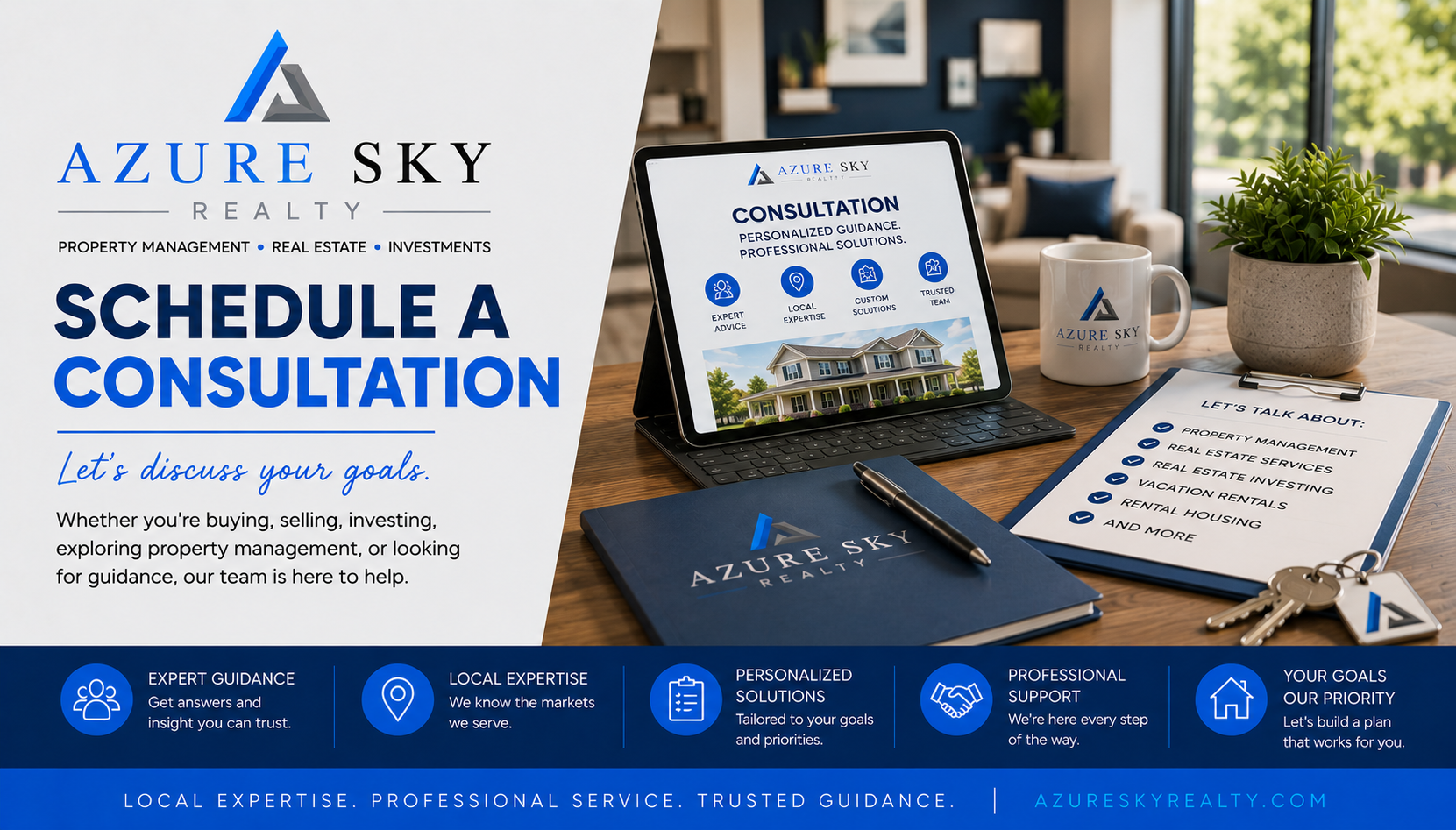 Azure Sky Realty consultation scheduling page featuring property management, real estate services, investing, vacation rentals, and personalized guidance.