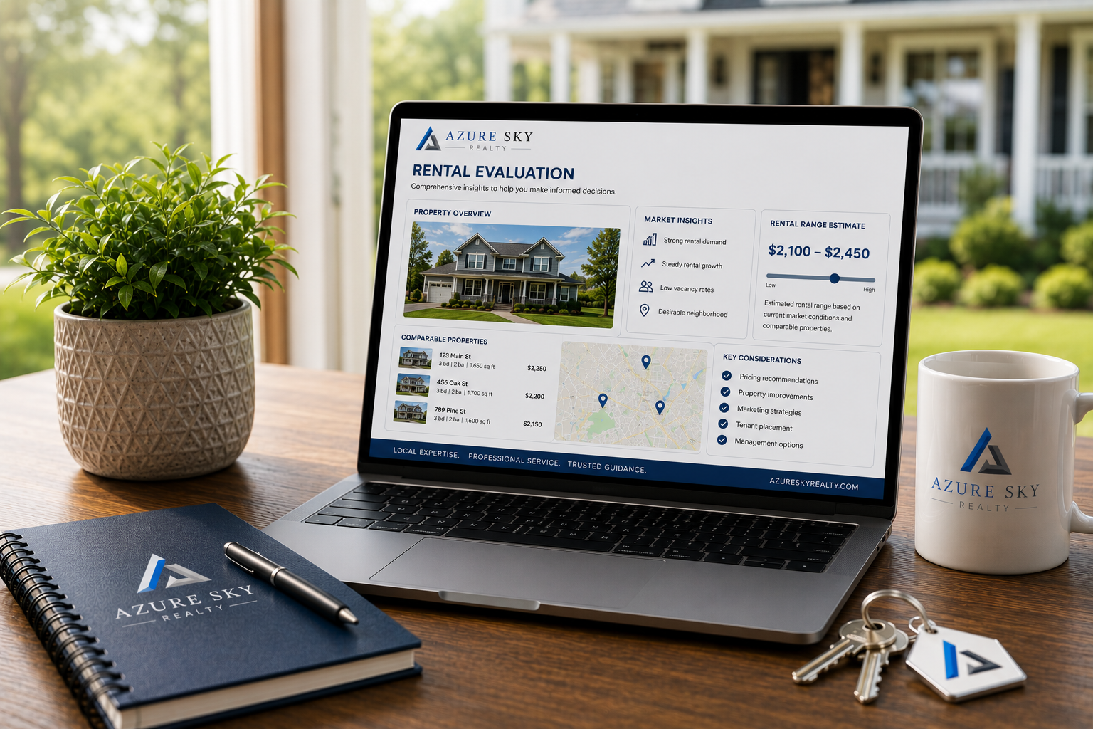Azure Sky Realty team discussing rental property performance, investment goals, and professional property management strategies with a property owner.