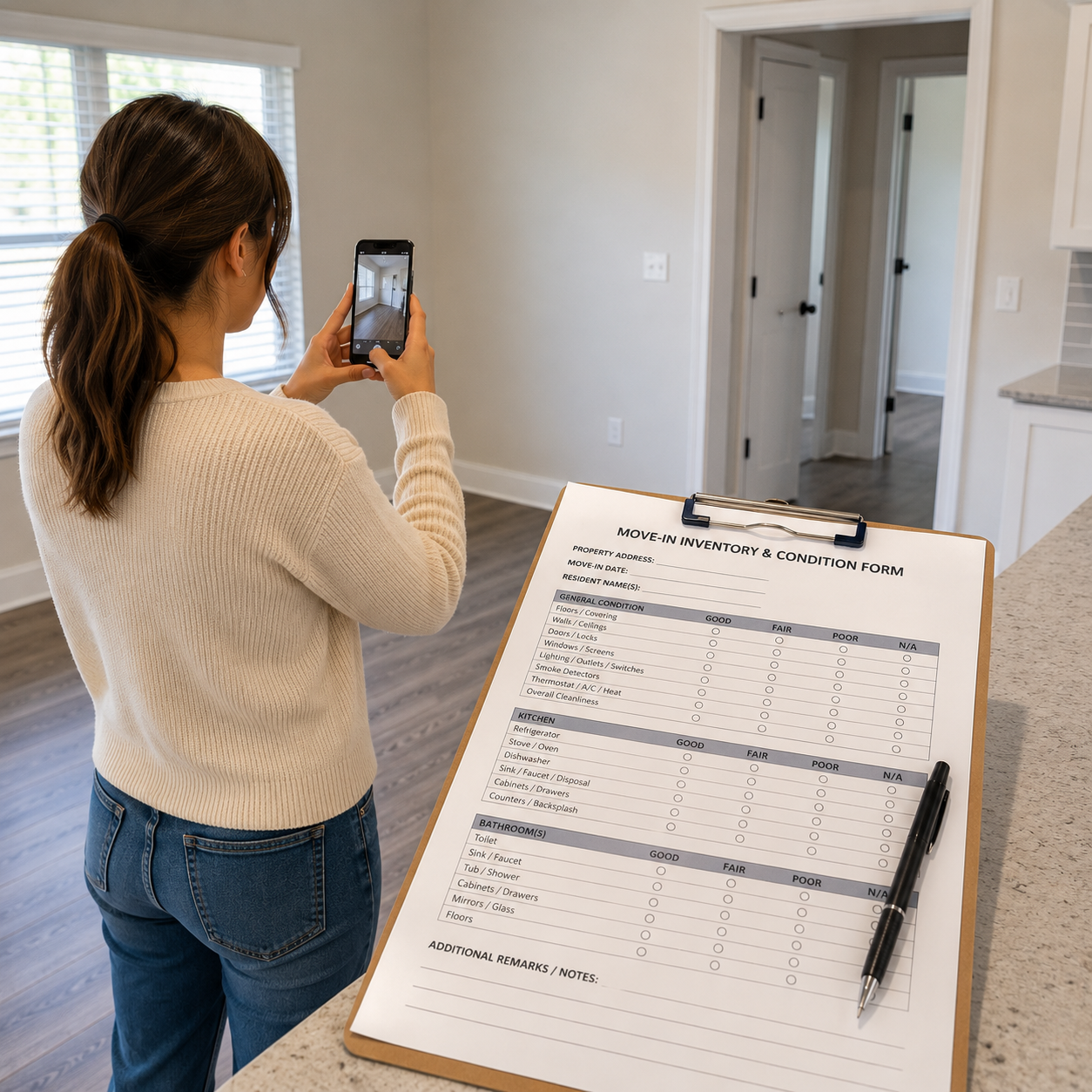 Resident documenting the condition of a rental home with photographs and a move-in inventory checklist during move-in inspection.