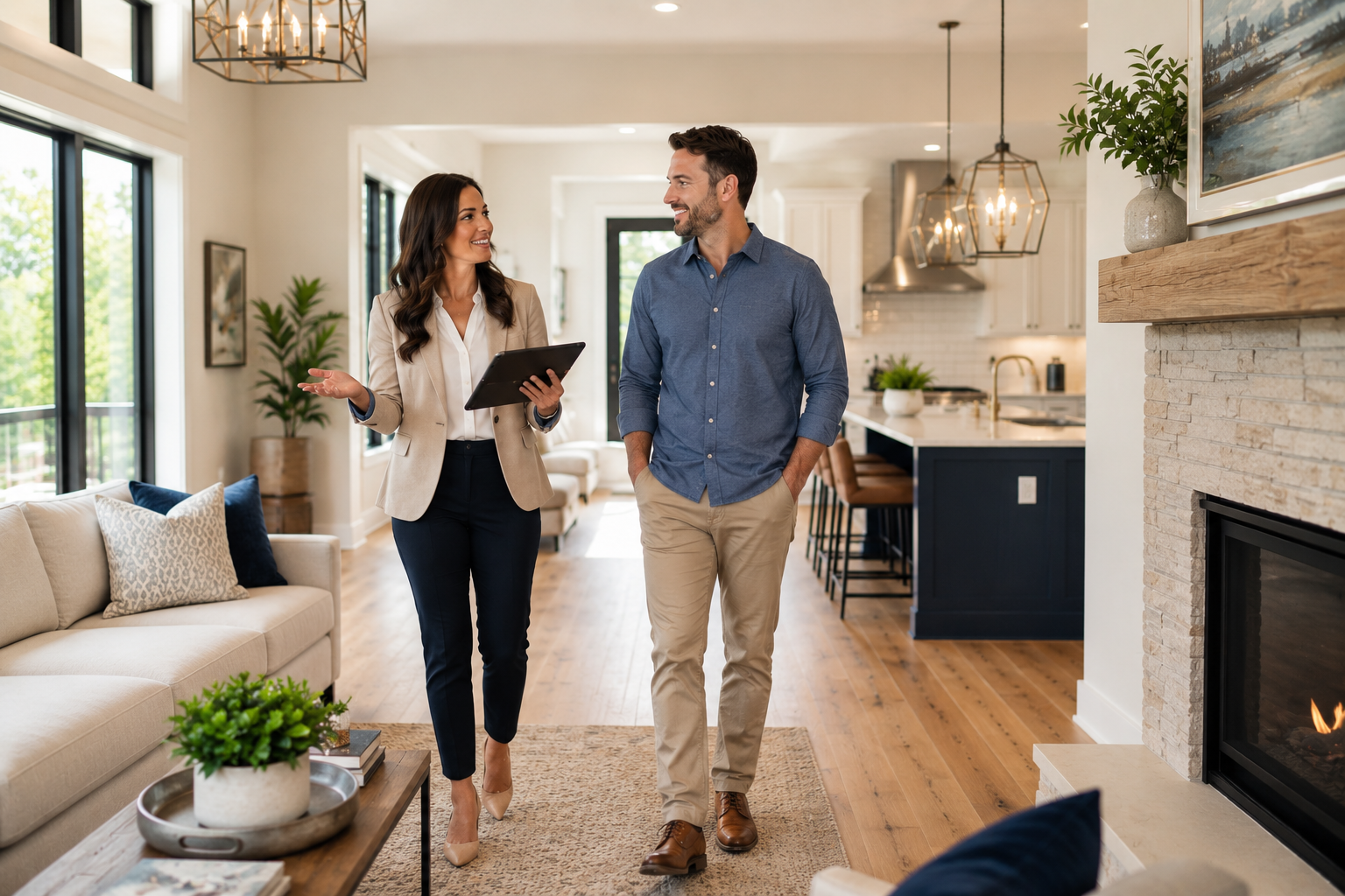 Real estate professional walking through a home with a client while discussing property features and recommendations during a consultation.