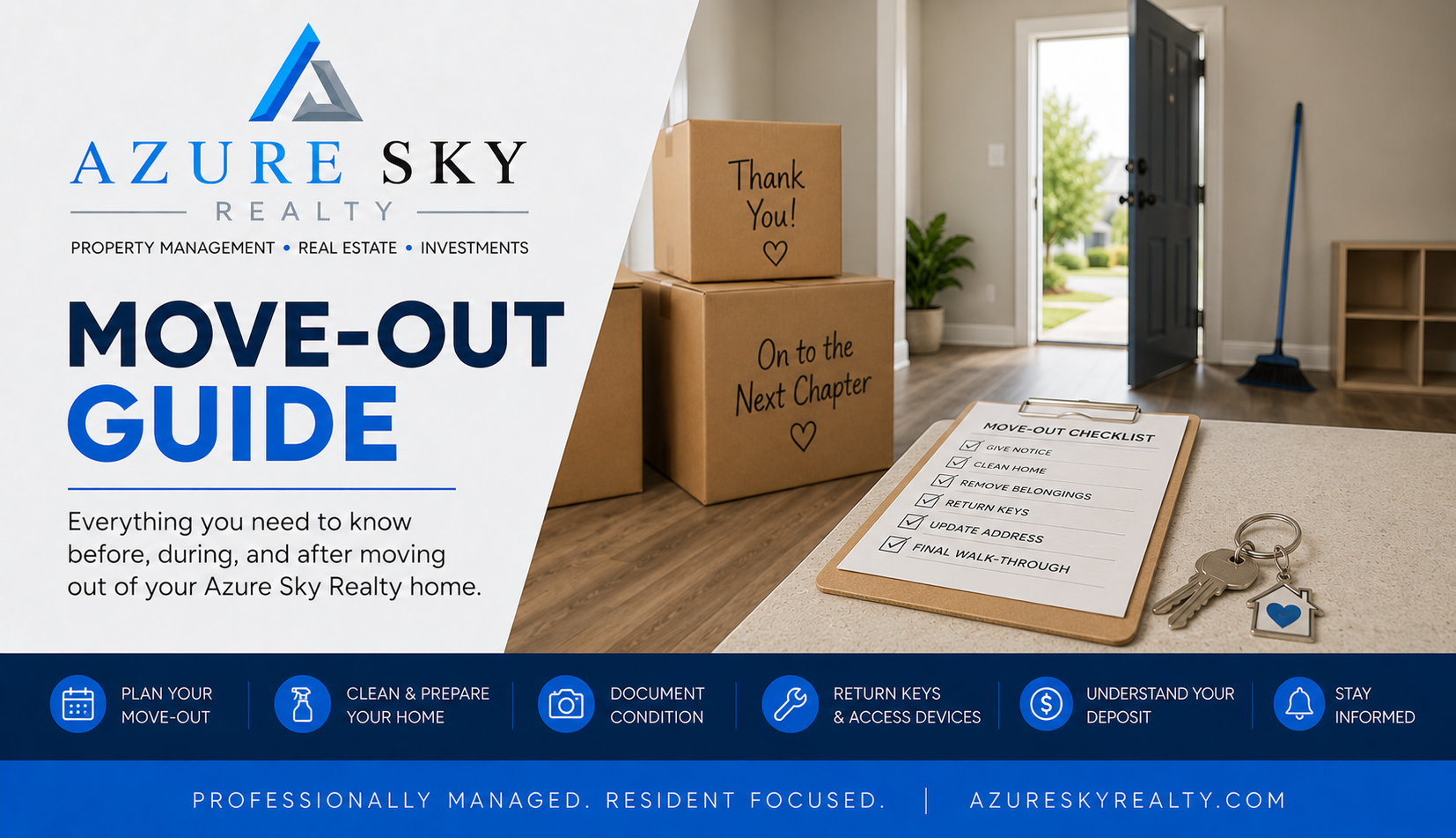 Azure Sky Realty Move-Out Guide with checklist, moving boxes, keys, and move-out resources for residents.