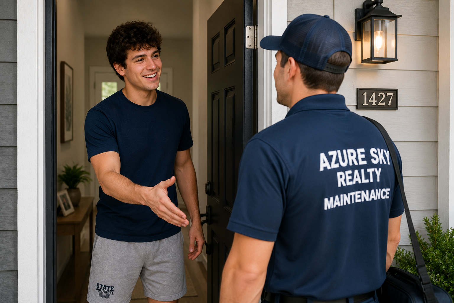 Resident welcoming a service technician to perform scheduled maintenance at the property.