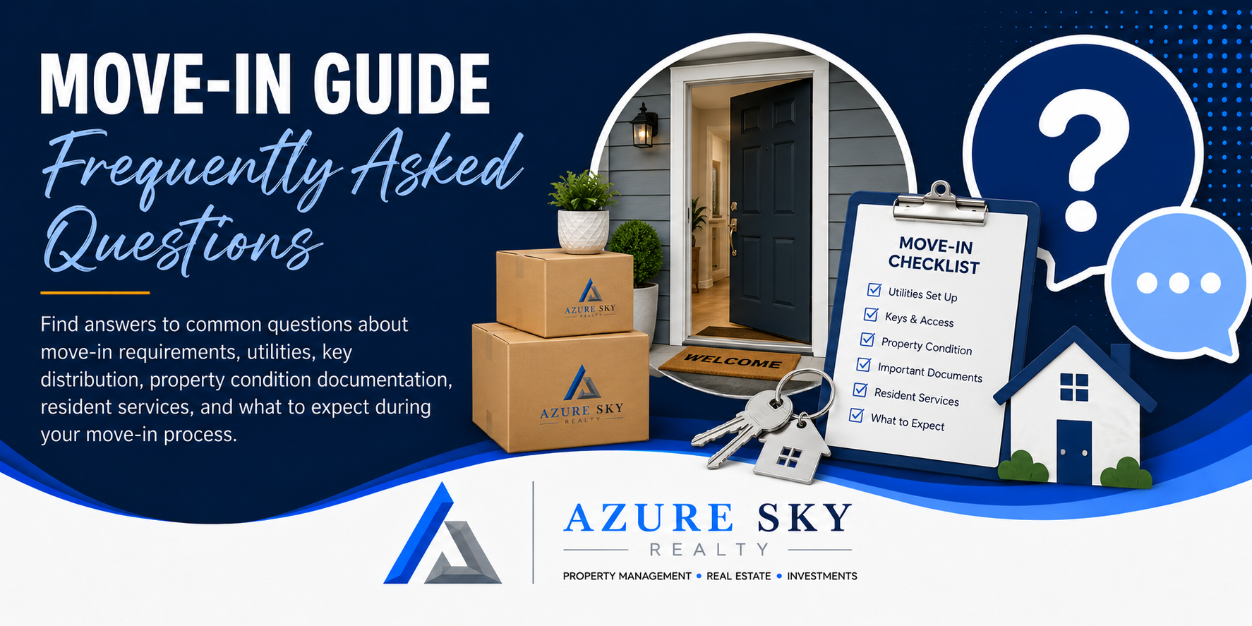 Move-In Guide Frequently Asked Questions banner featuring keys, moving boxes, a checklist, and answers to common move-in questions.