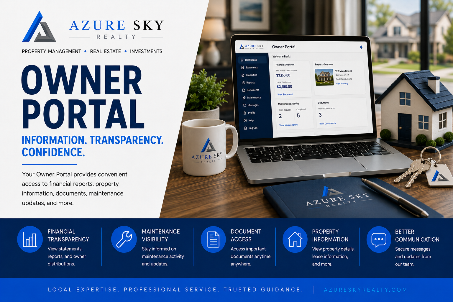 Azure Sky Realty Owner Portal providing online access to financial reports, property information, maintenance updates, and owner documents.