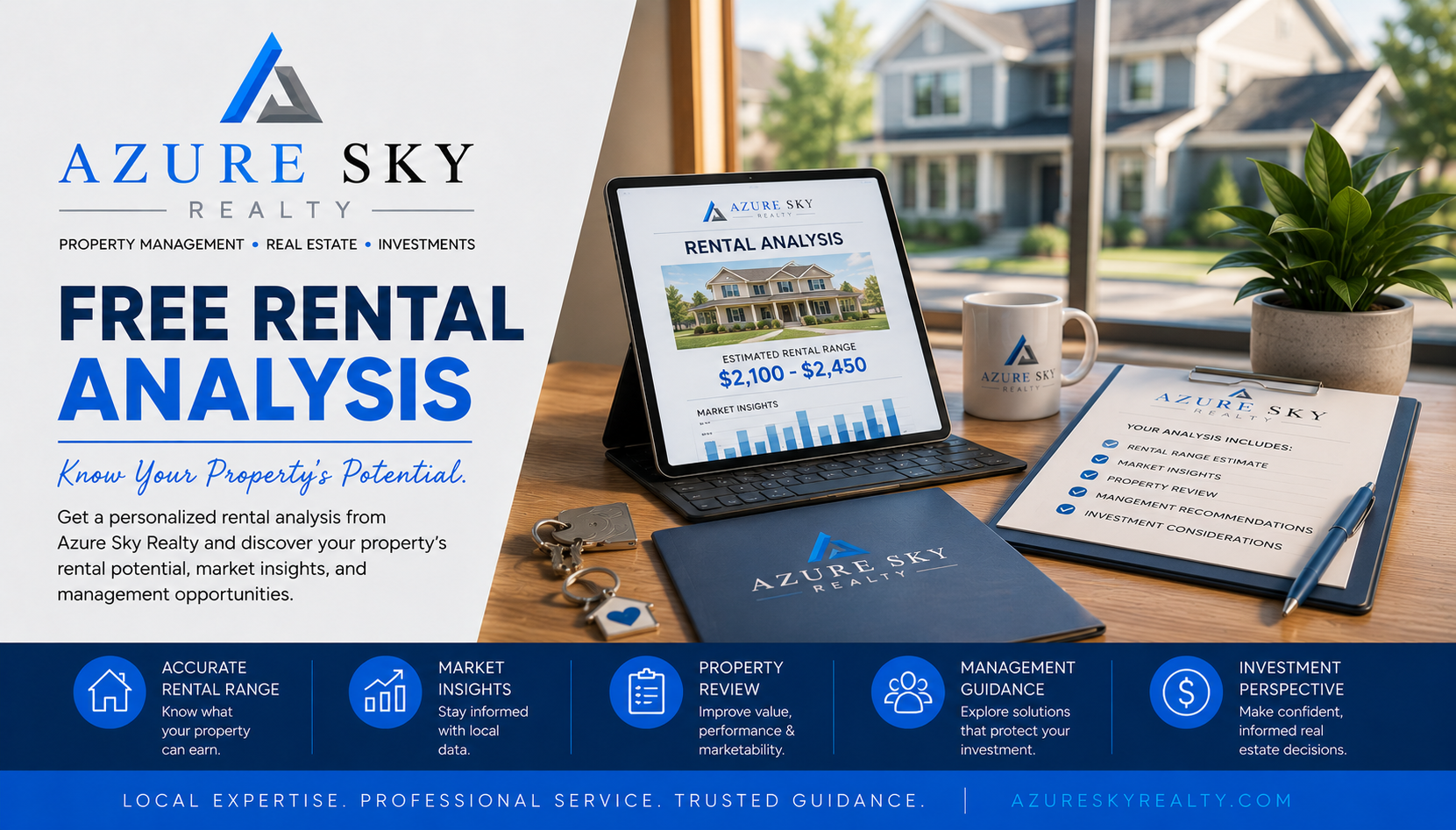 Azure Sky Realty free rental analysis service featuring rental pricing insights, property evaluation, market research, and property management expertise for Texas property owners.
