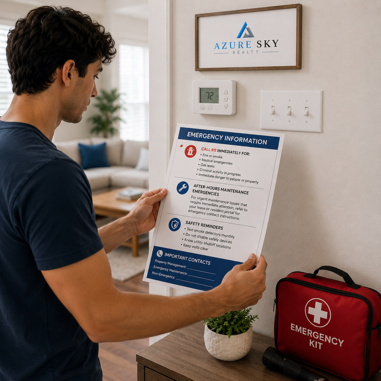 Resident reviewing emergency procedures, utility shutoff information, and safety instructions in a rental home.