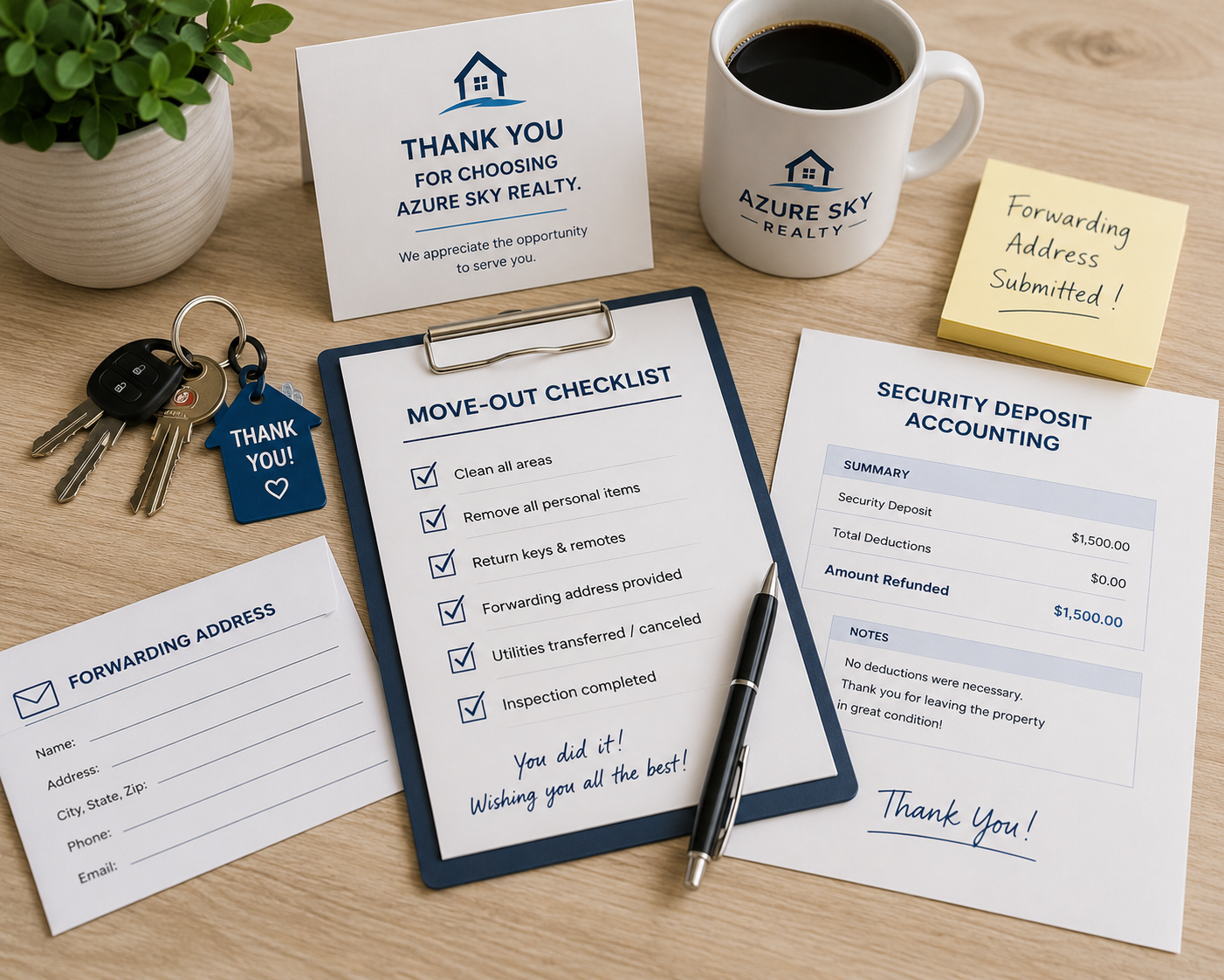 Move-out documentation, inspection records, and security deposit accounting materials used during lease reconciliation.
