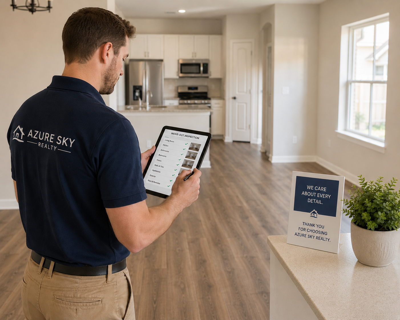 Property inspector documenting the condition of a rental home using inspection software during a move-out inspection.