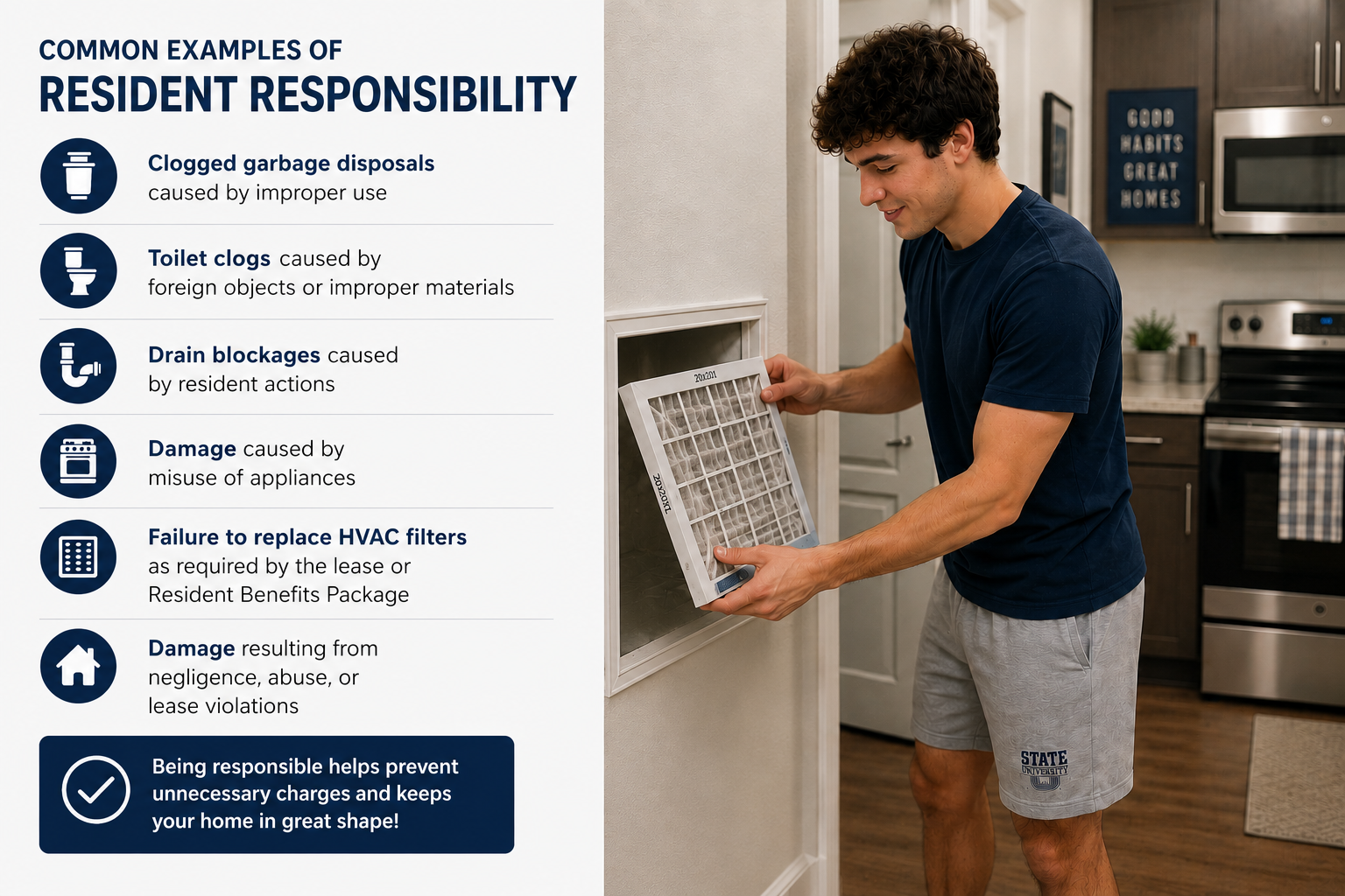 Resident replacing an HVAC air filter as part of routine home maintenance to help prevent costly repairs and maintain proper system performance.