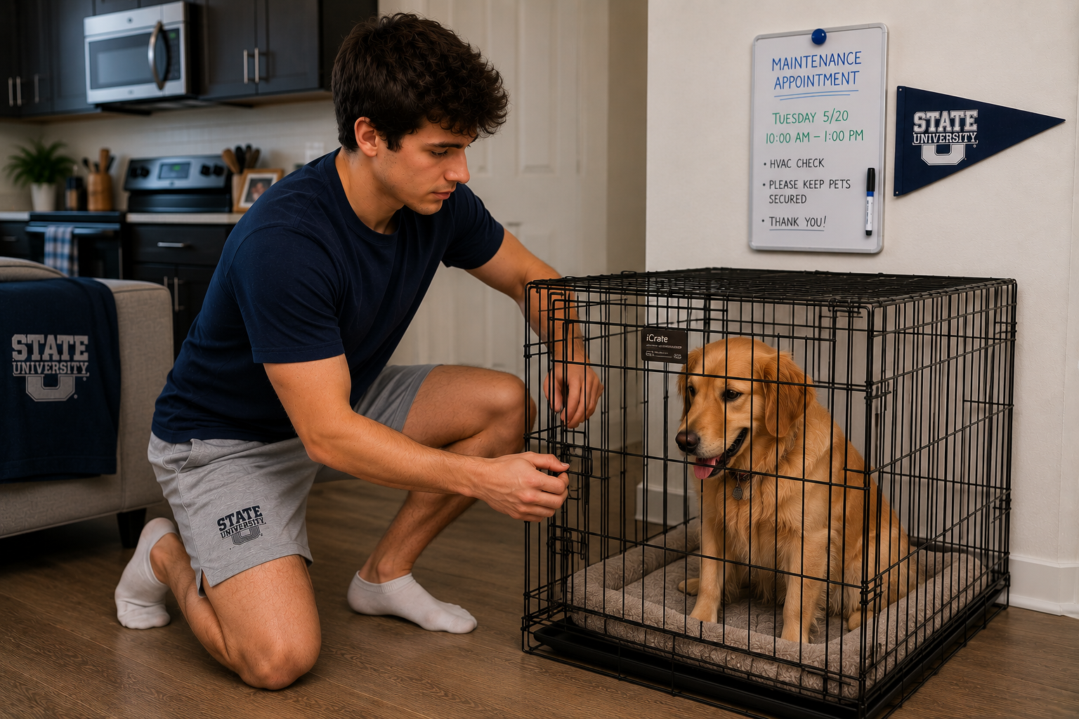 Resident securing a dog in a kennel before a scheduled maintenance appointment to ensure safe and timely access for repair contractors.