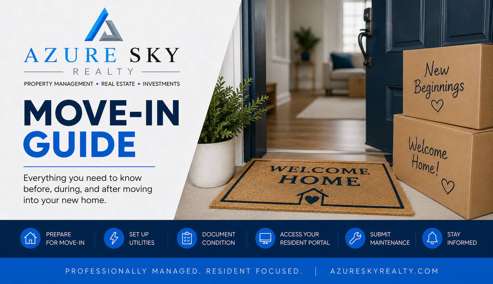 Azure Sky Realty Move-In Guide featuring a welcoming front entry, moving boxes, and resources to help new residents prepare for move-in.