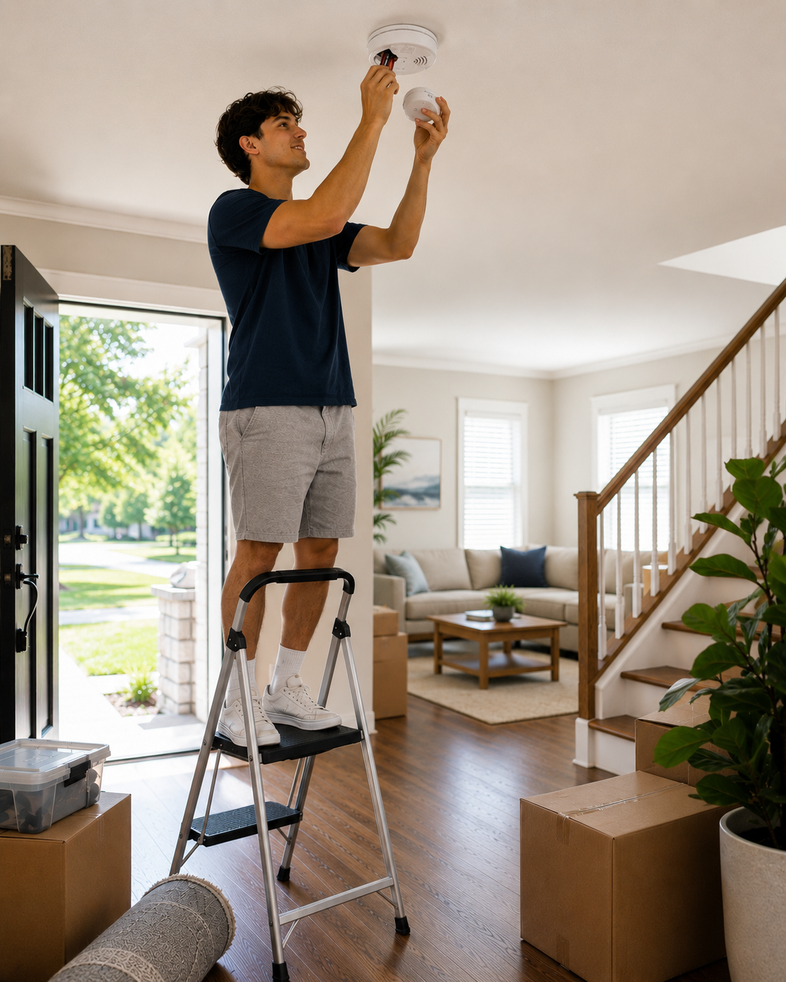 Resident testing a smoke detector in a rental home as part of move-in safety and emergency preparedness.